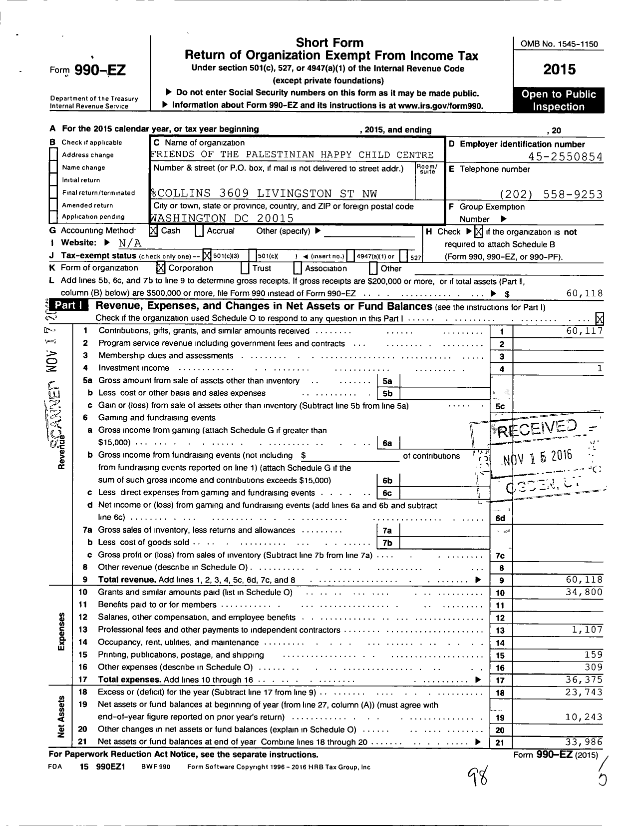 Image of first page of 2015 Form 990EZ for Friends of the Palestinian Happy Child Center