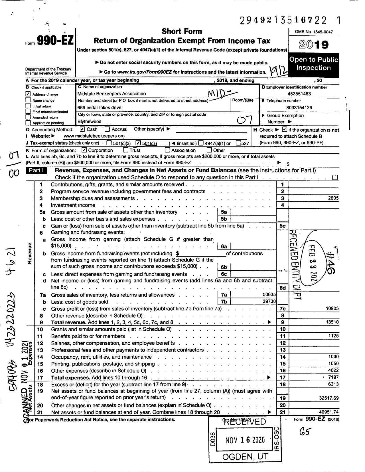 Image of first page of 2019 Form 990EO for Mid-State Beekeepers Association