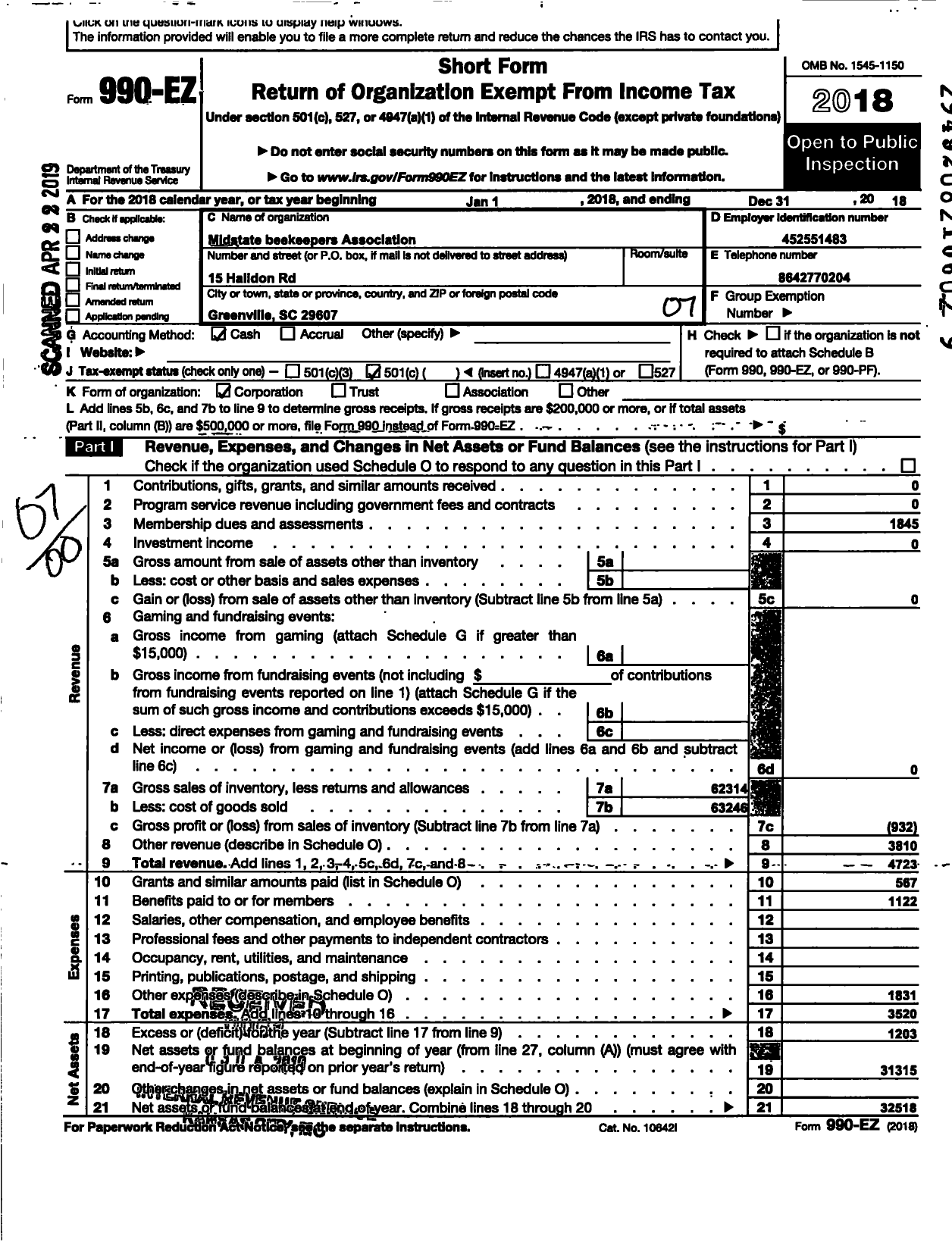 Image of first page of 2018 Form 990EO for Mid-State Beekeepers Association