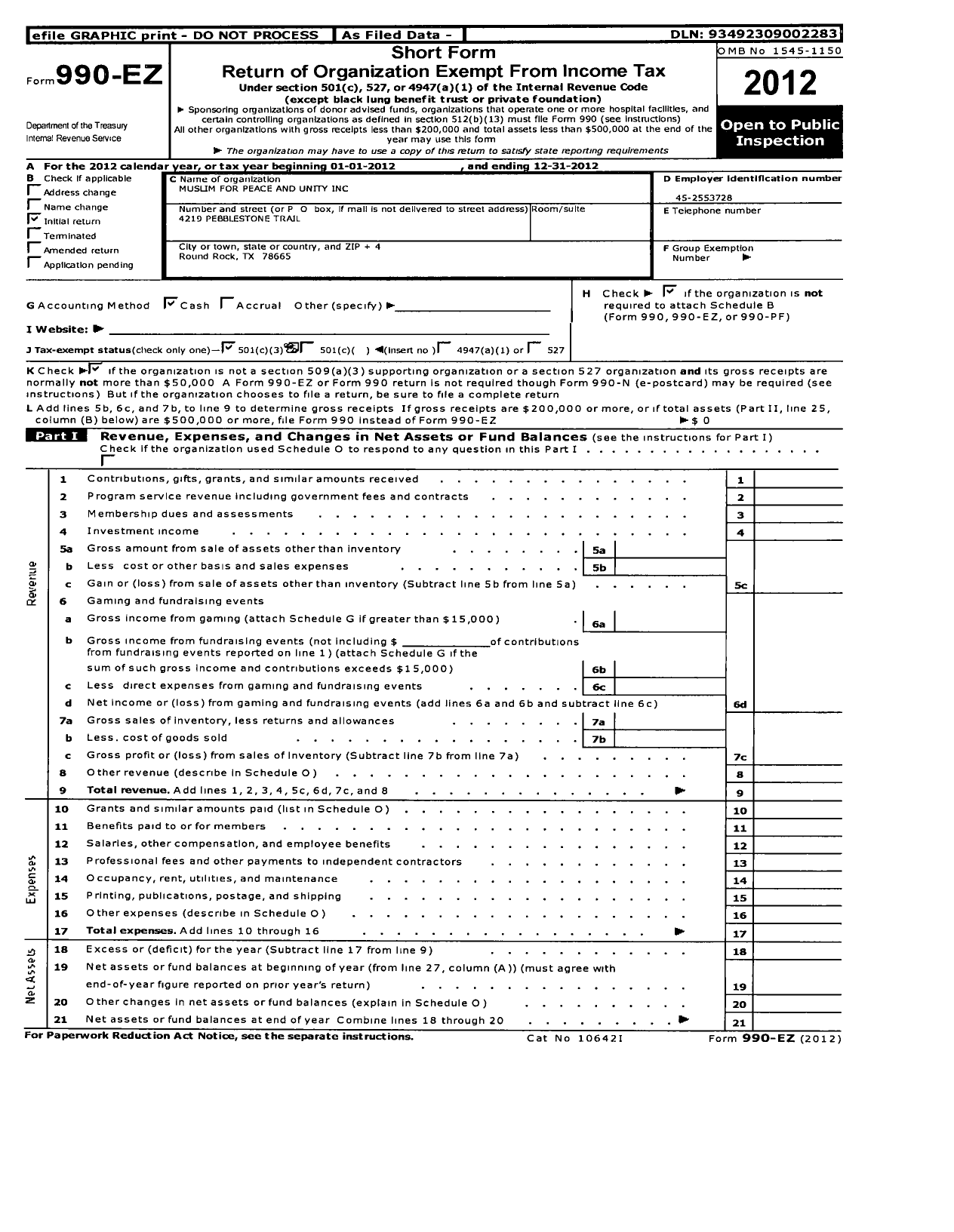 Image of first page of 2012 Form 990EZ for Muslim for Peace and Unity