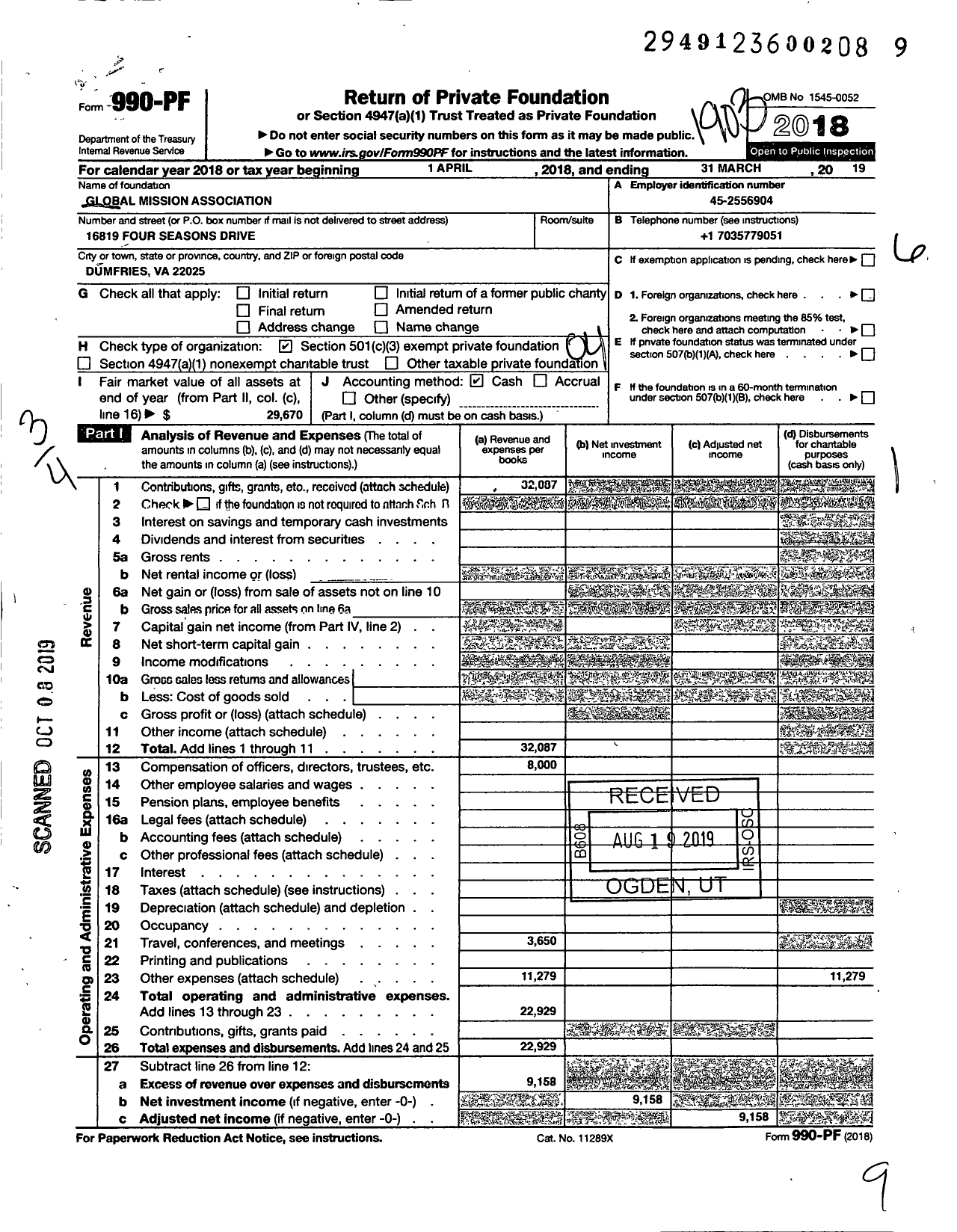 Image of first page of 2018 Form 990PF for Global Mission Association