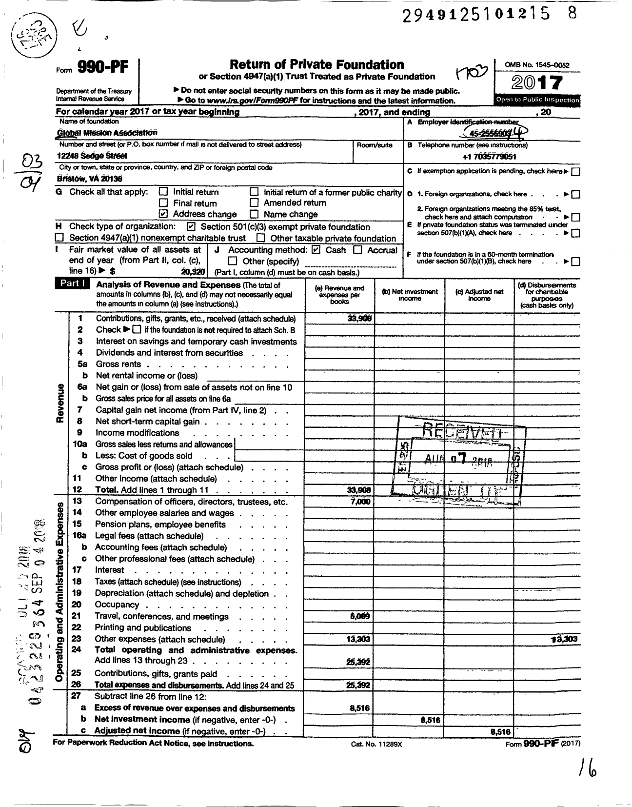 Image of first page of 2016 Form 990PF for Global Mission Association