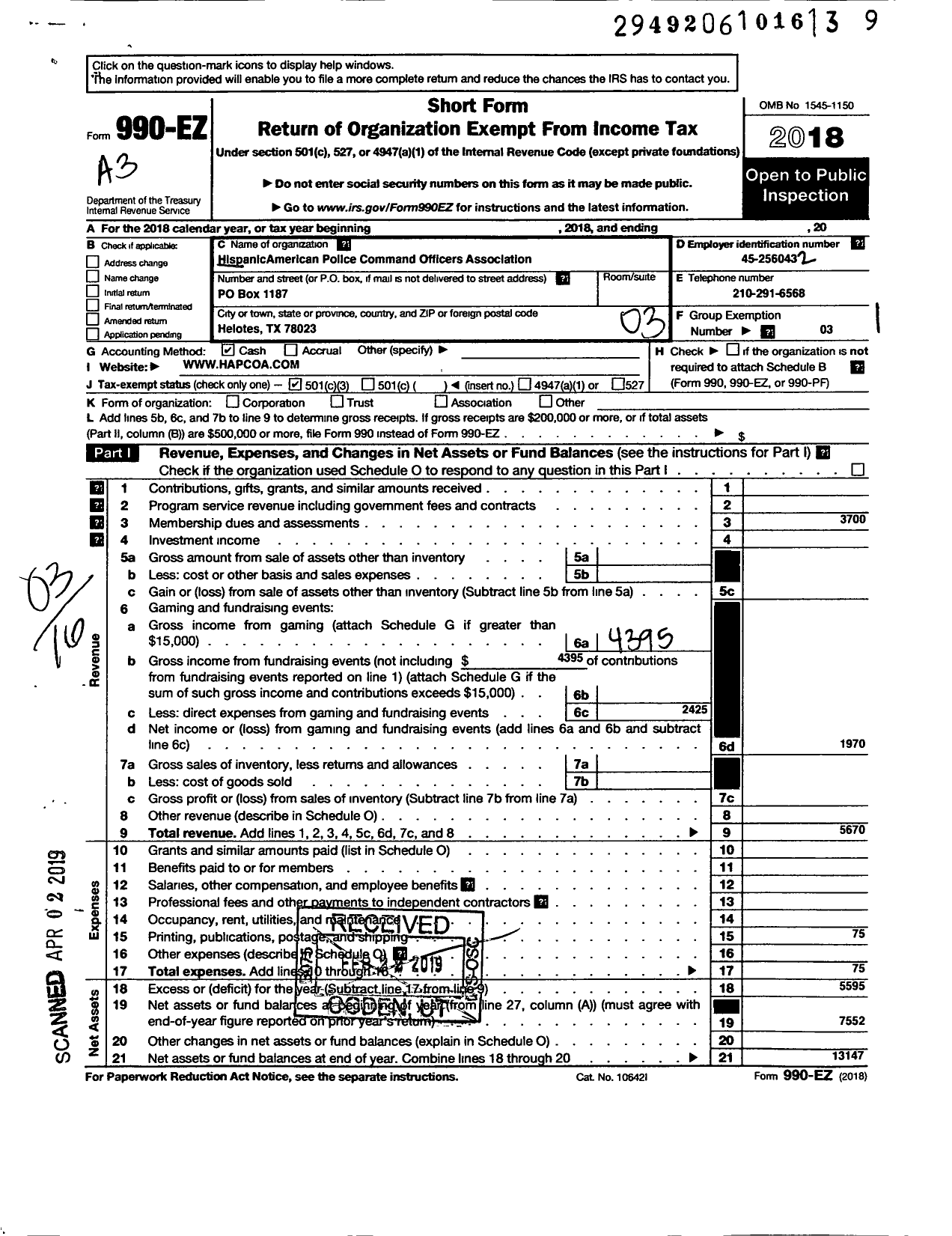 Image of first page of 2018 Form 990EZ for Hispanic American Police Command Officers Association-San Antonio