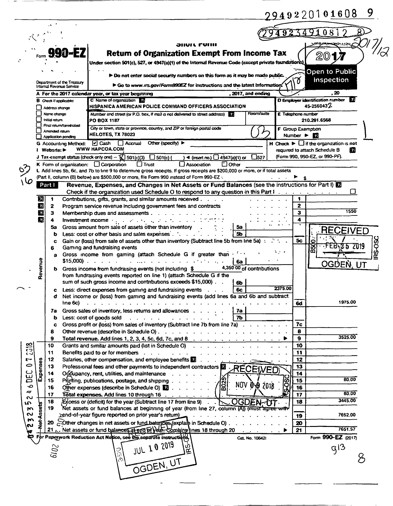 Image of first page of 2017 Form 990EZ for Hispanic American Police Command Officers Association-San Antonio