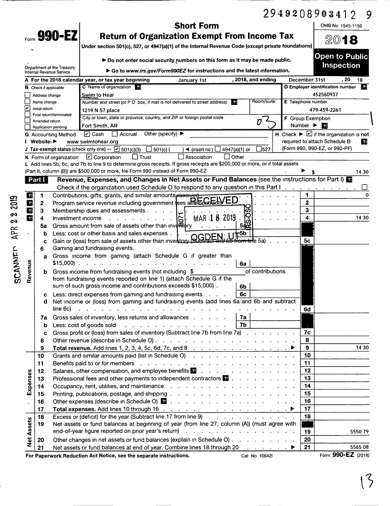 Image of first page of 2018 Form 990EZ for Swim to Hear