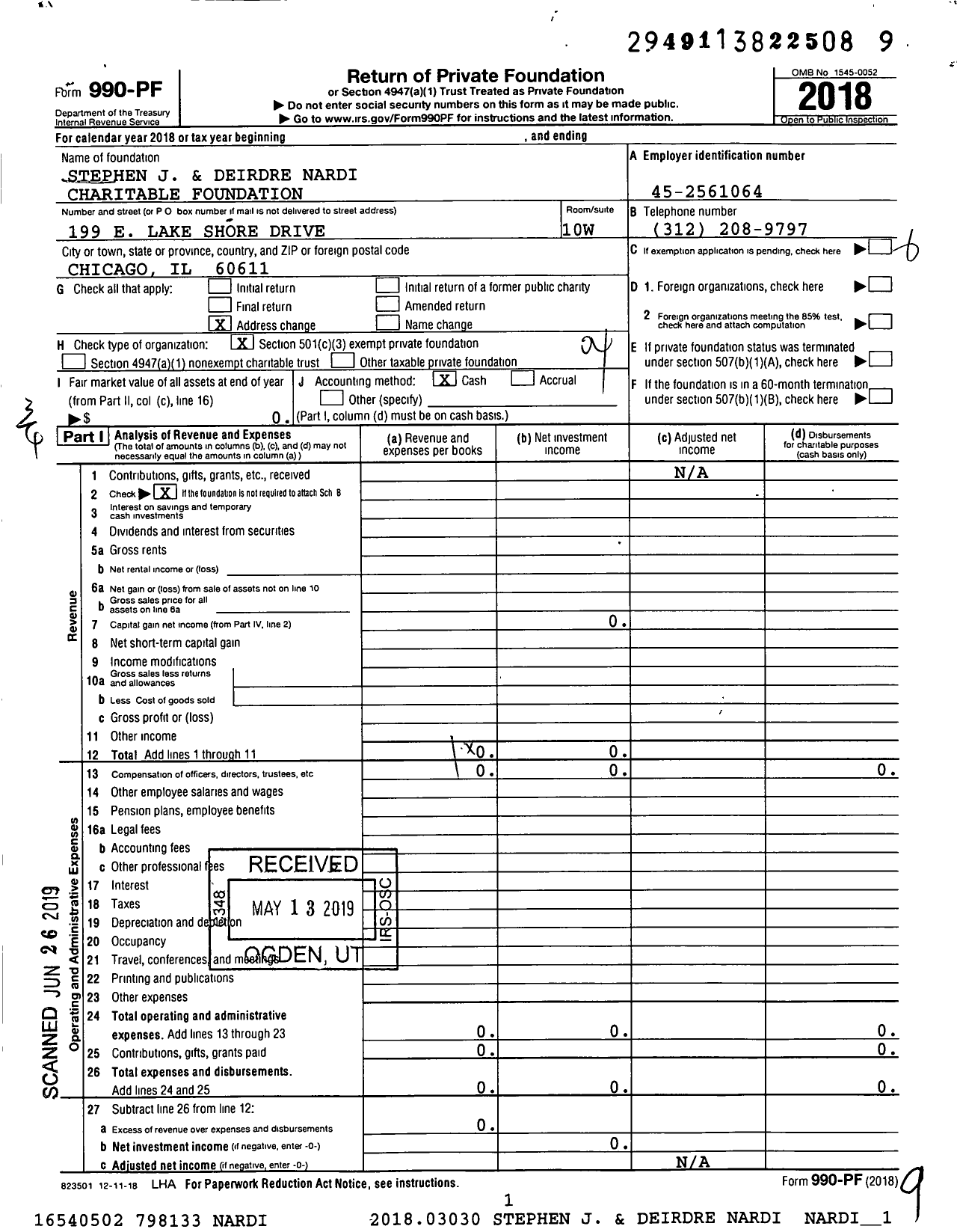 Image of first page of 2018 Form 990PF for Stephen J & Deirdre Nardi Charitable Fnd