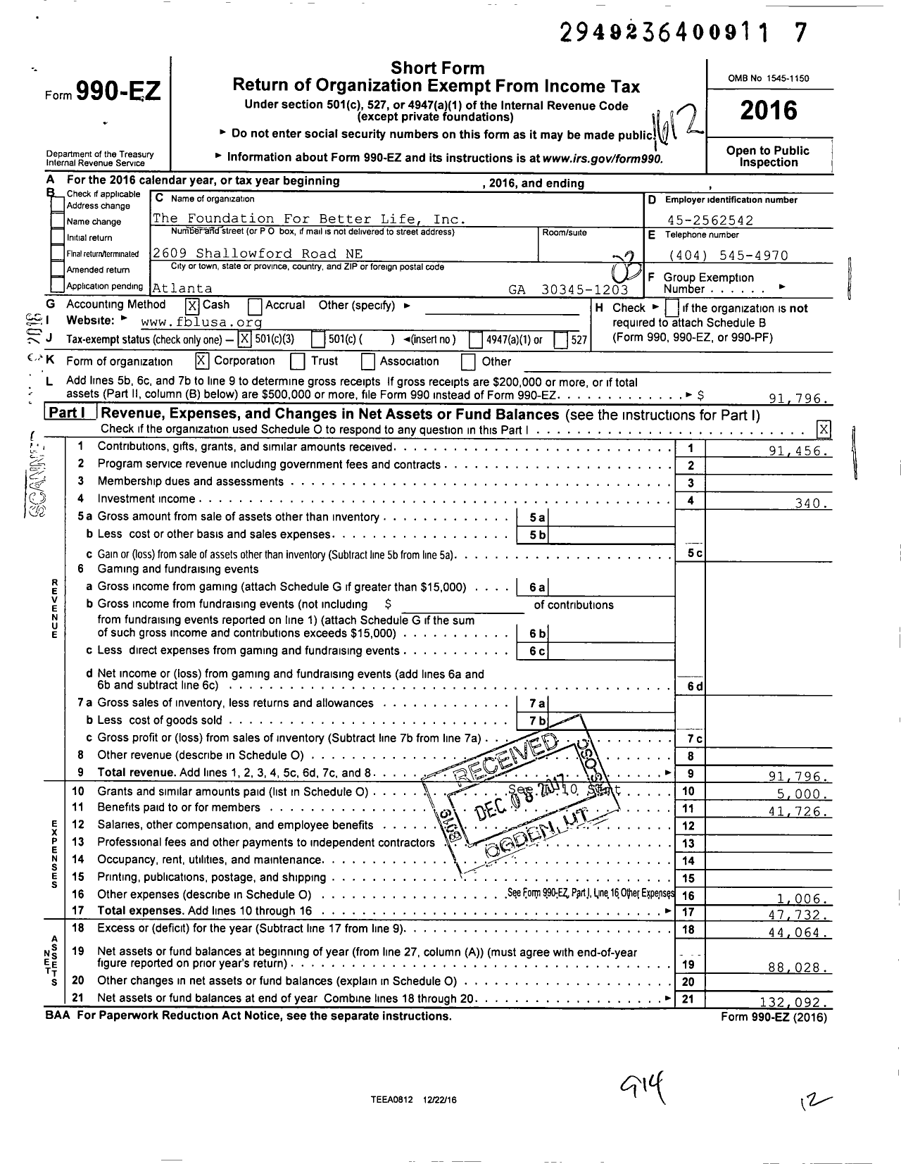 Image of first page of 2016 Form 990EZ for The Foundation For Better Life