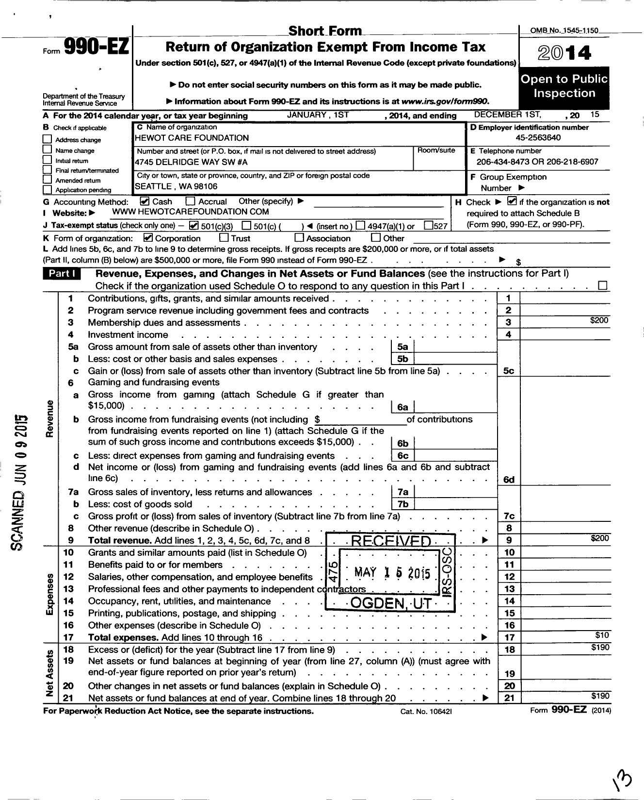 Image of first page of 2015 Form 990EZ for Hewot Care Foundation