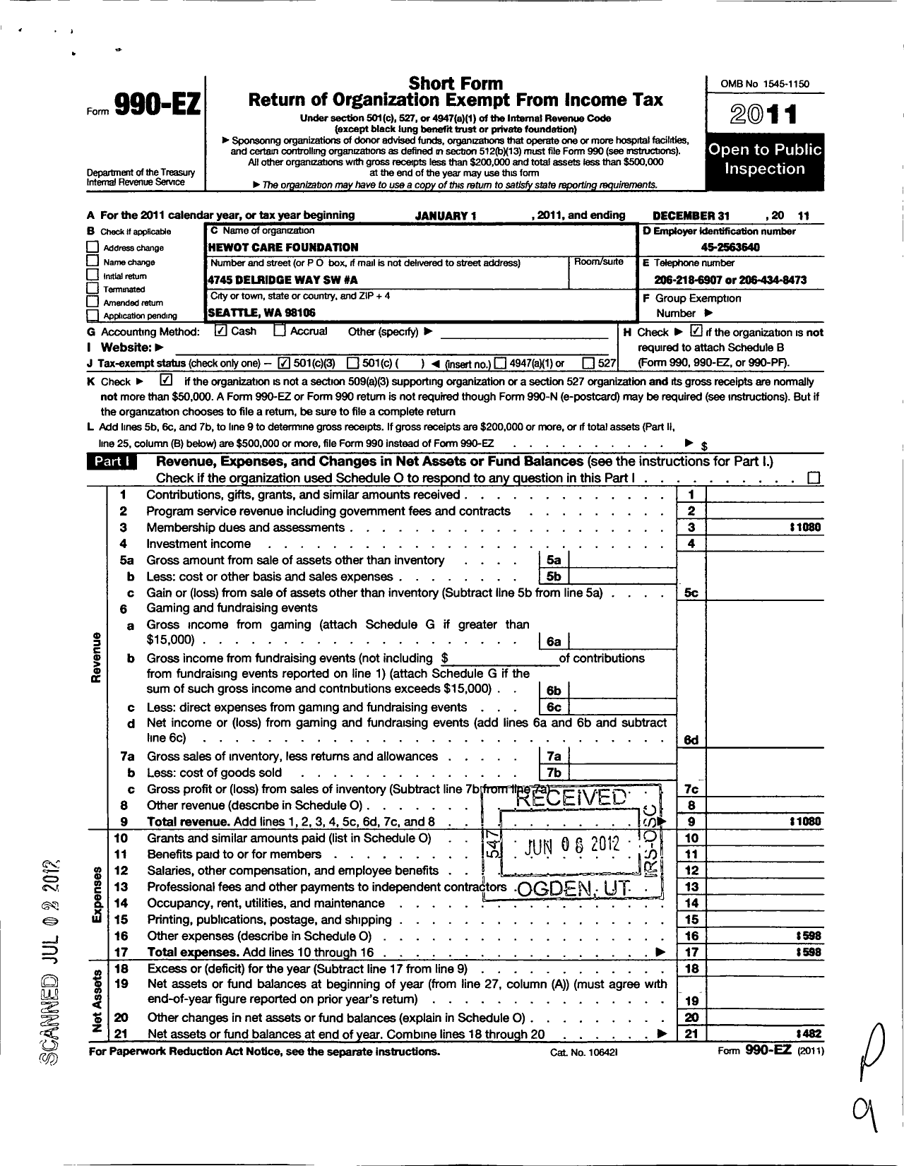 Image of first page of 2011 Form 990EZ for Hewot Care Foundation