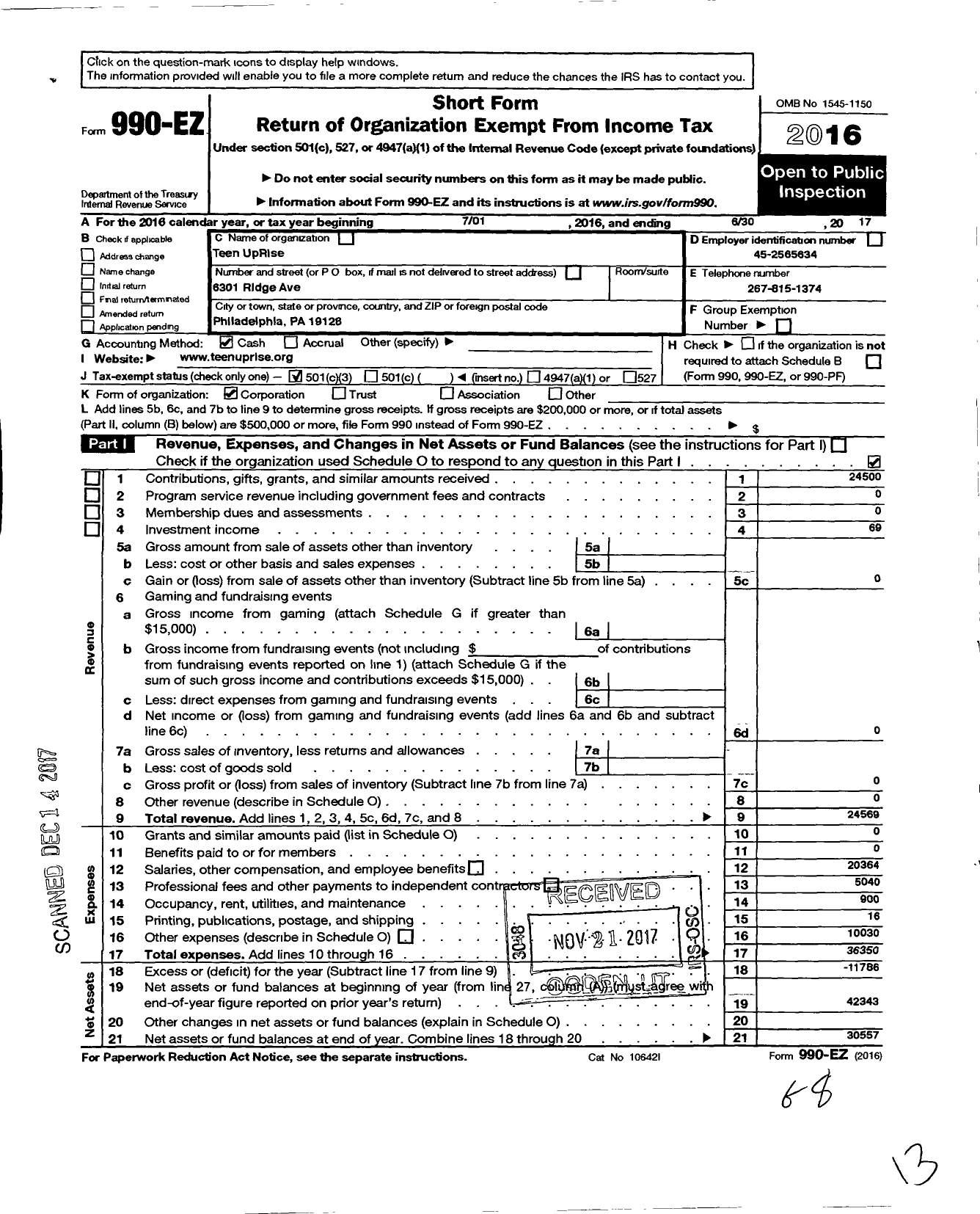 Image of first page of 2016 Form 990EZ for Teen UpRise