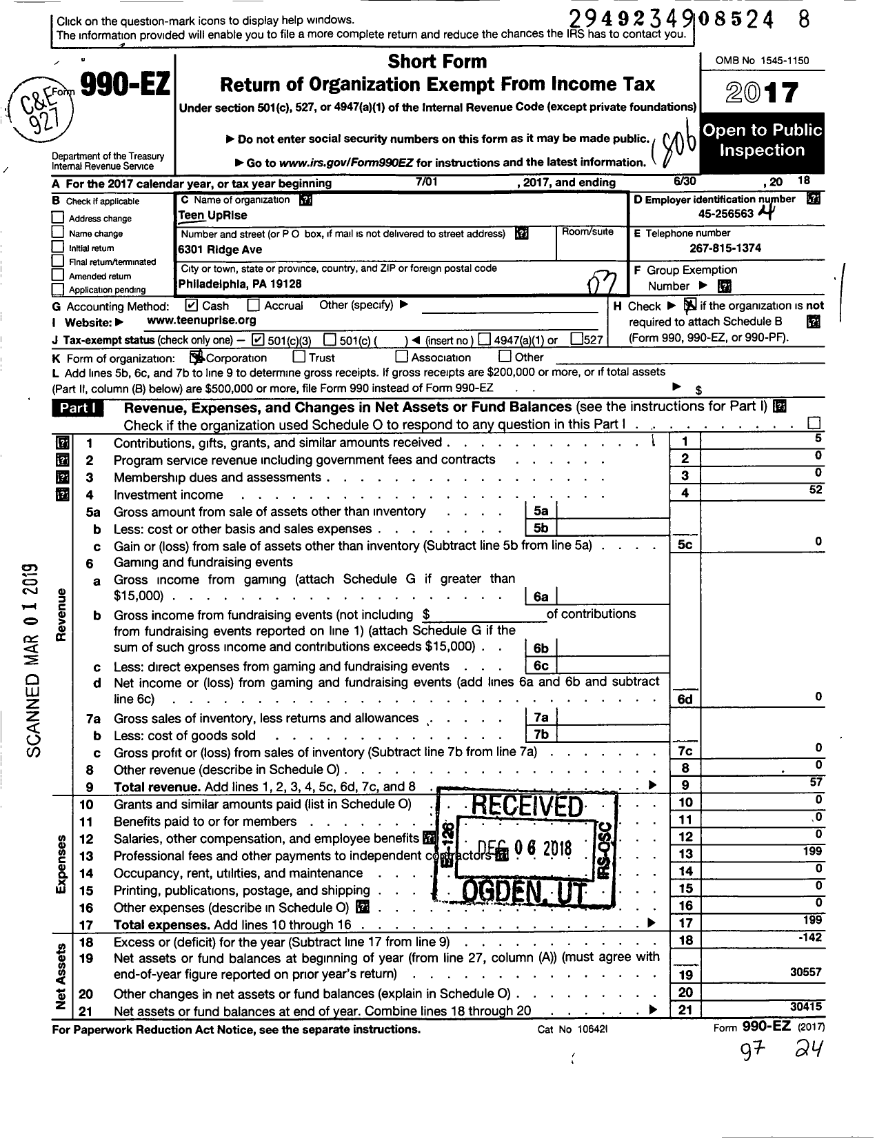 Image of first page of 2017 Form 990EZ for Teen UpRise