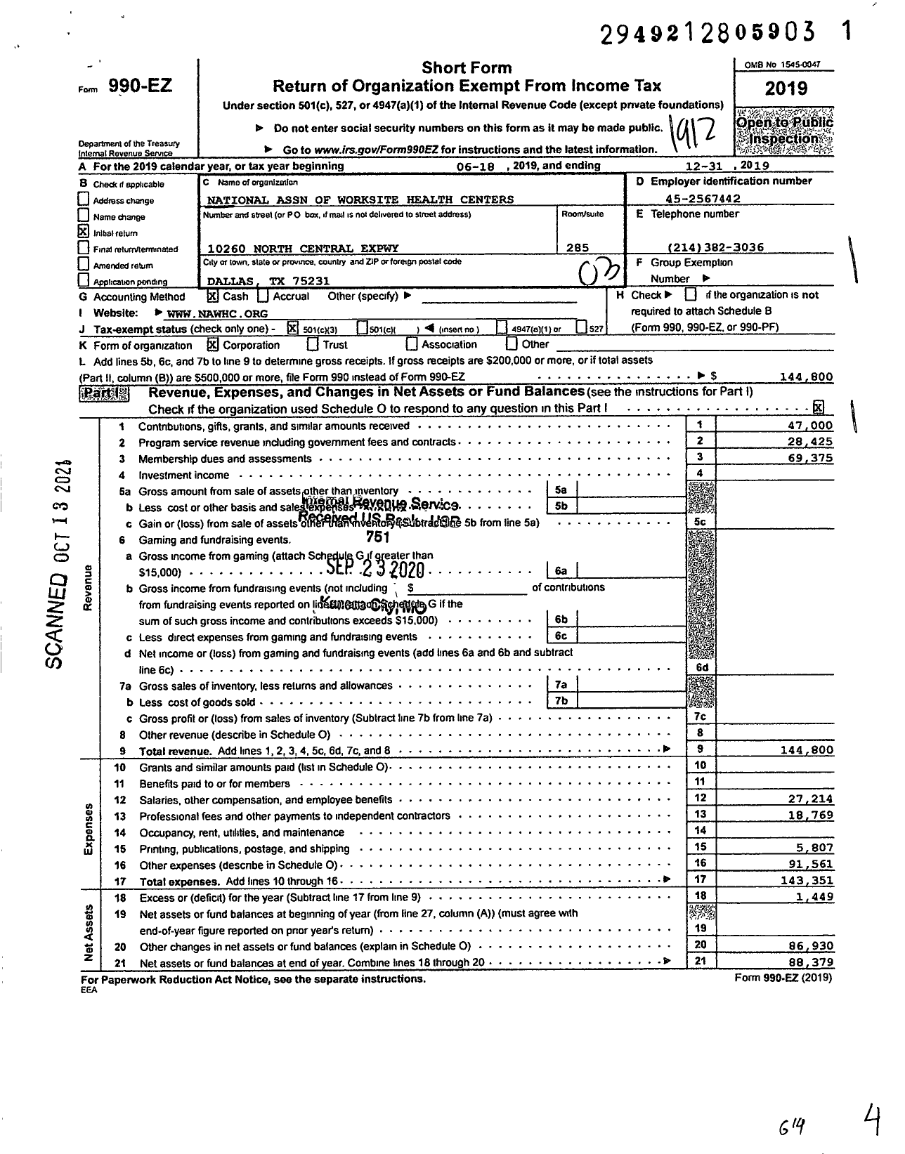 Image of first page of 2019 Form 990EZ for National Association of Worksite Health Centers