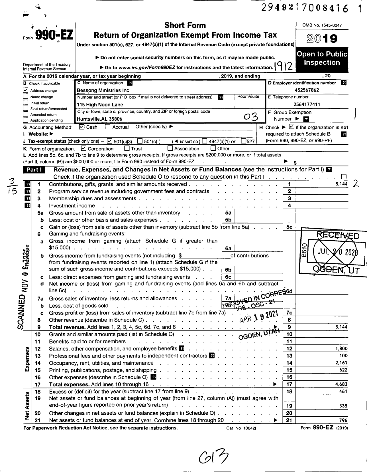 Image of first page of 2019 Form 990EZ for Bessong and Ministries