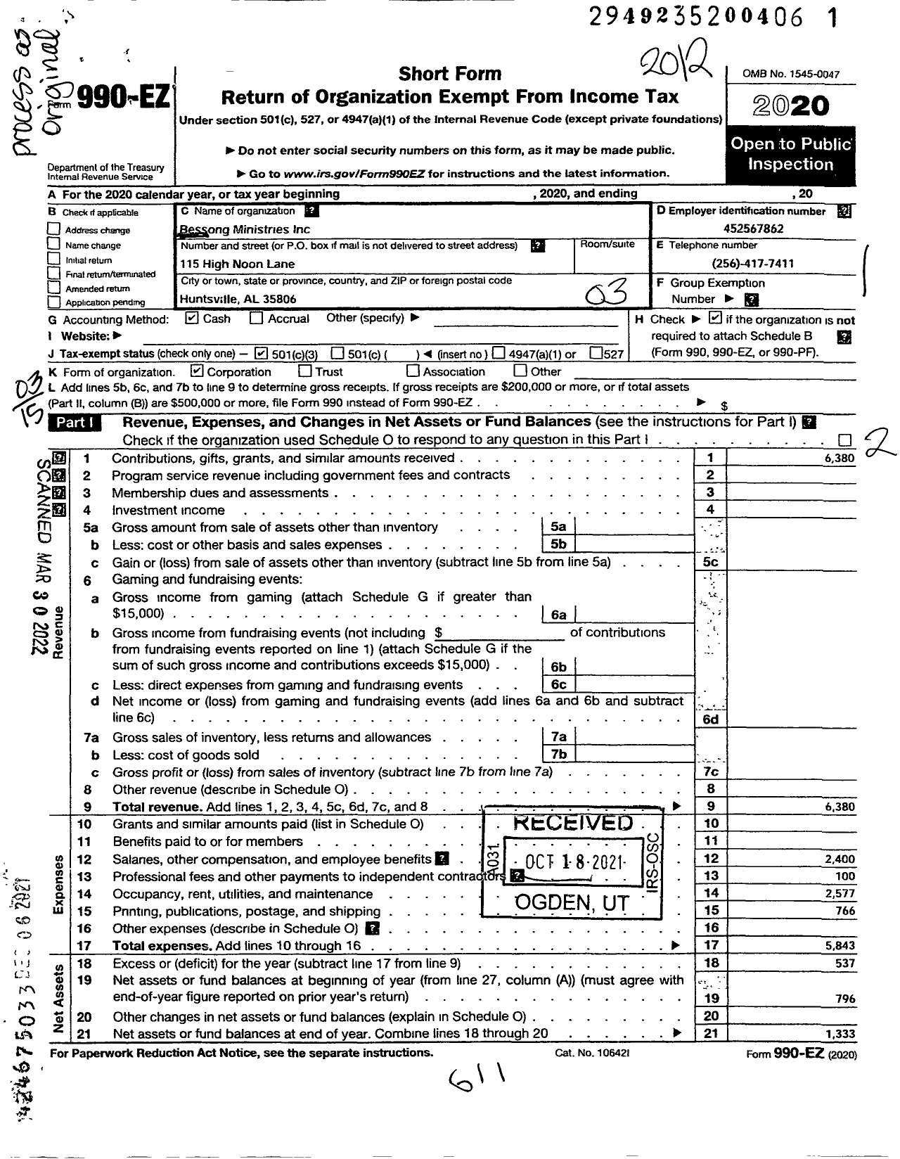 Image of first page of 2020 Form 990EZ for Bessong and Ministries