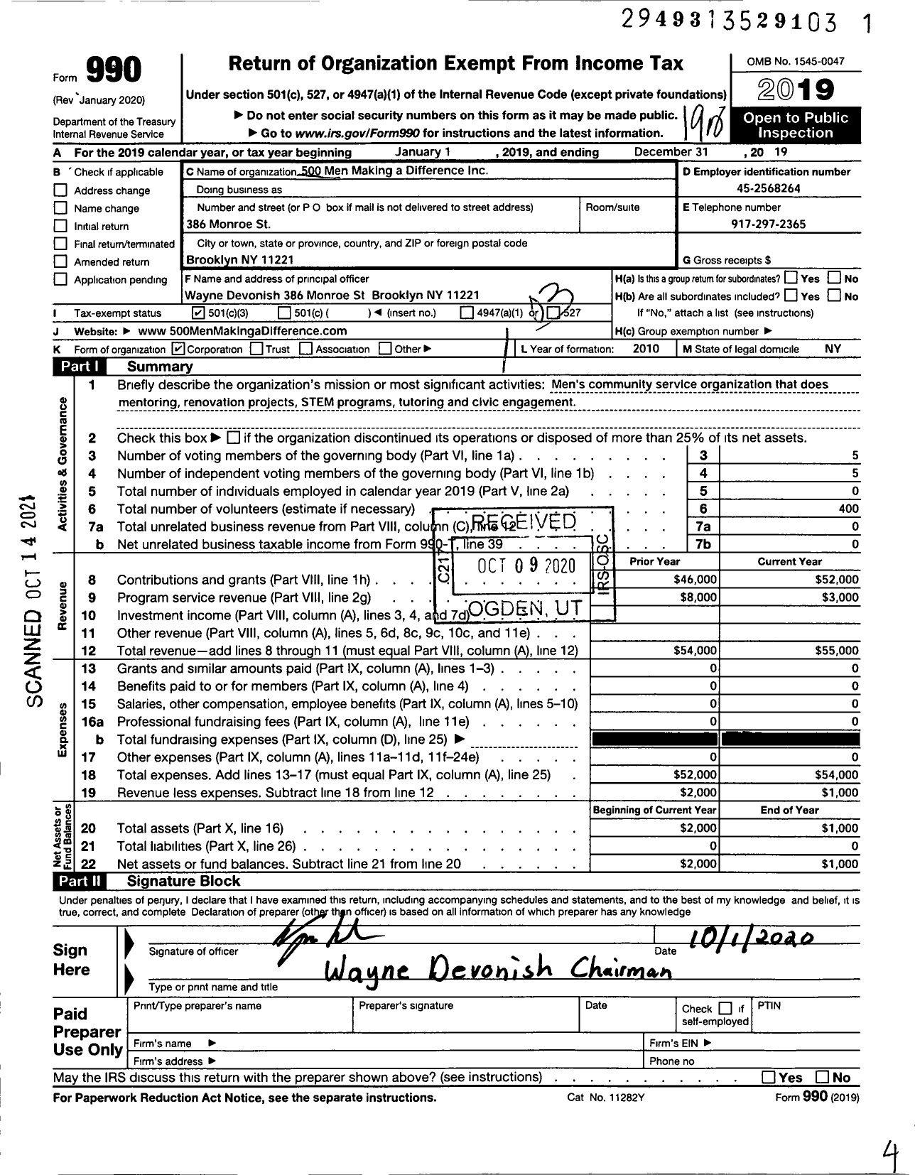 Image of first page of 2019 Form 990 for 500 Men Making A Difference