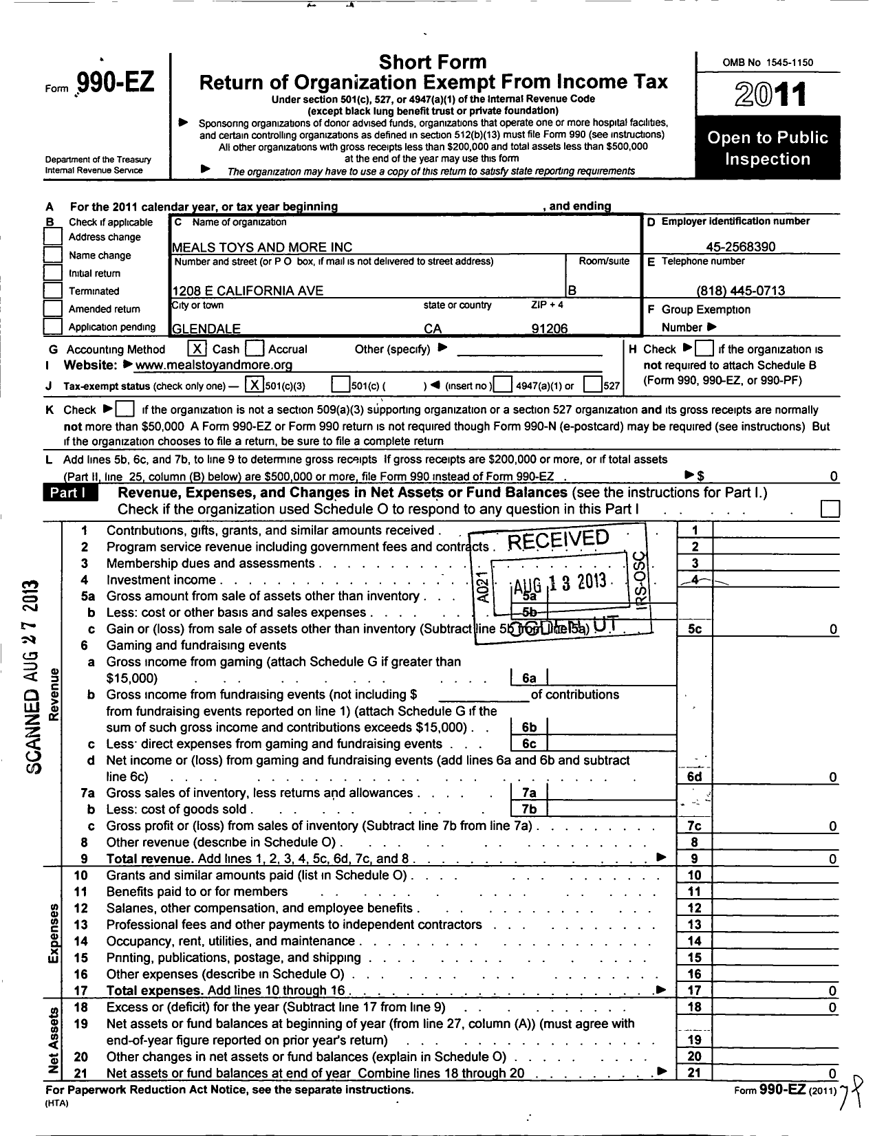 Image of first page of 2011 Form 990EZ for Meals Toys and More