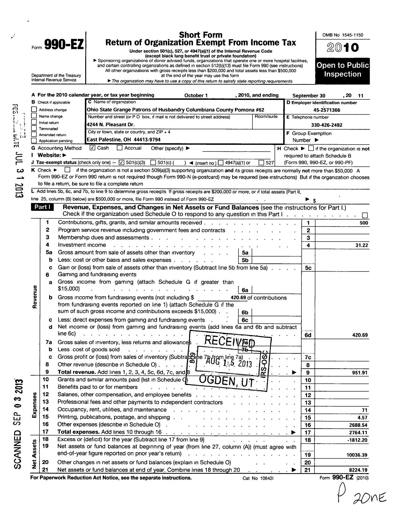 Image of first page of 2010 Form 990EZ for Ohio State Grange of Patrons of Husbandry - 62 Columbiana County Pomona