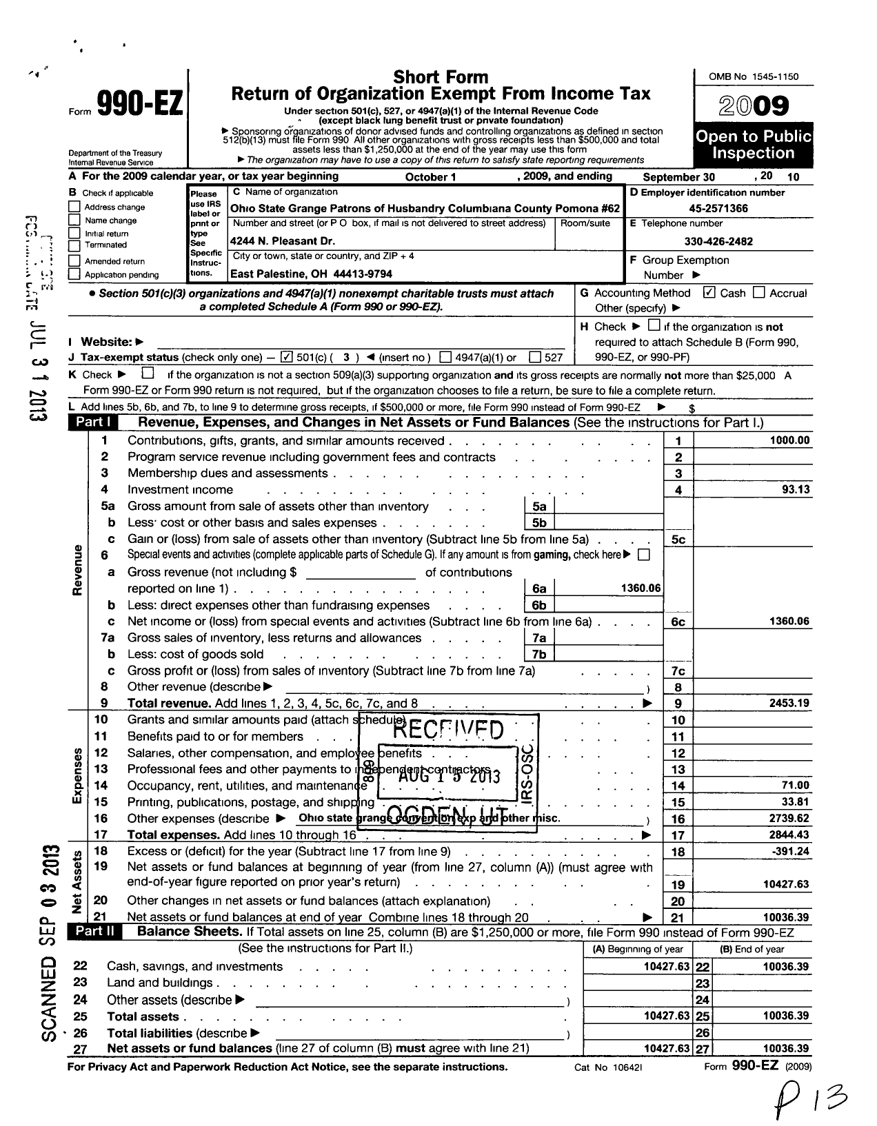 Image of first page of 2009 Form 990EZ for Ohio State Grange of Patrons of Husbandry - 62 Columbiana County Pomona