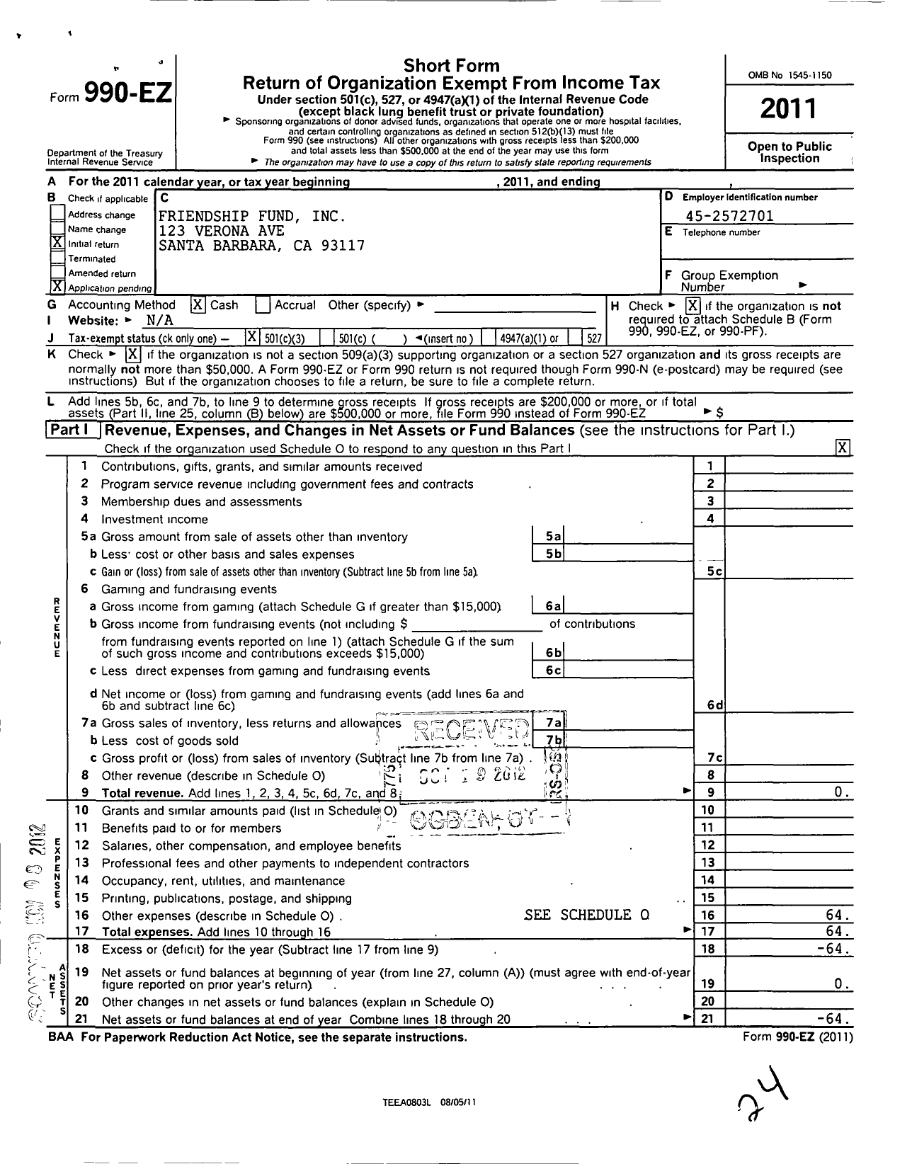 Image of first page of 2011 Form 990EZ for Friendship Fund