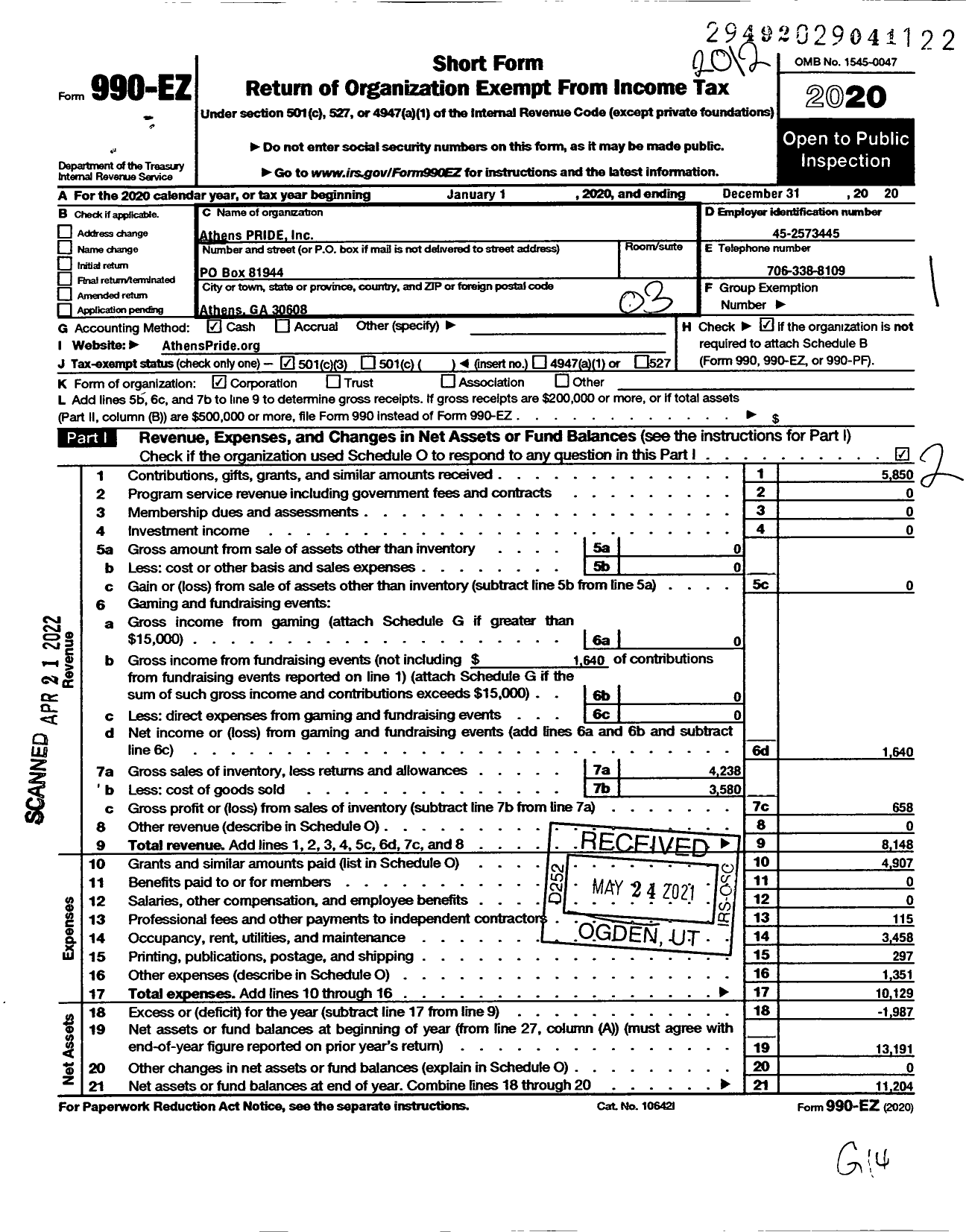Image of first page of 2020 Form 990EZ for Athens Pride