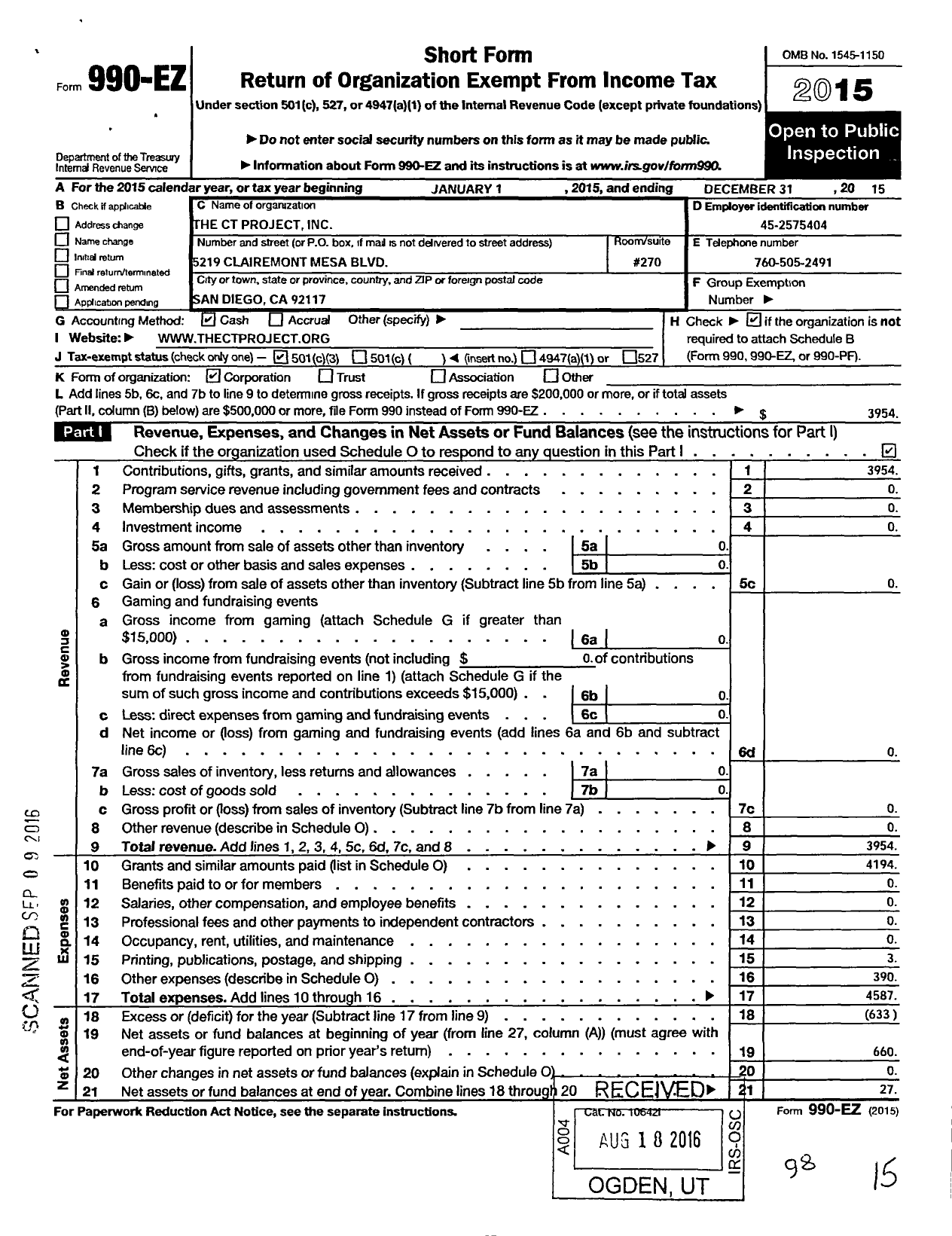 Image of first page of 2015 Form 990EZ for CT Project