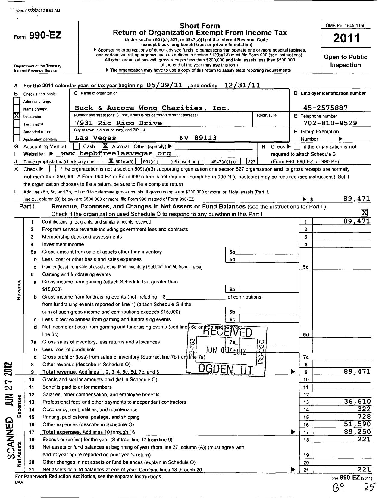 Image of first page of 2011 Form 990EZ for Buck and Aurora Wong Charities