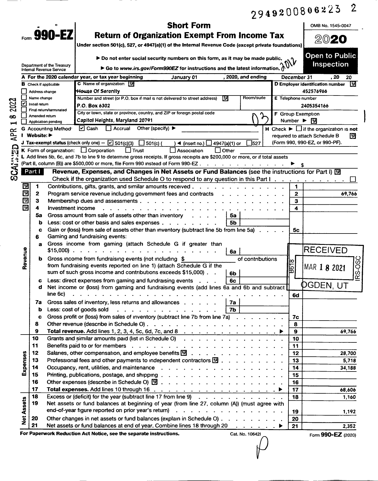 Image of first page of 2020 Form 990EZ for House of Serenity