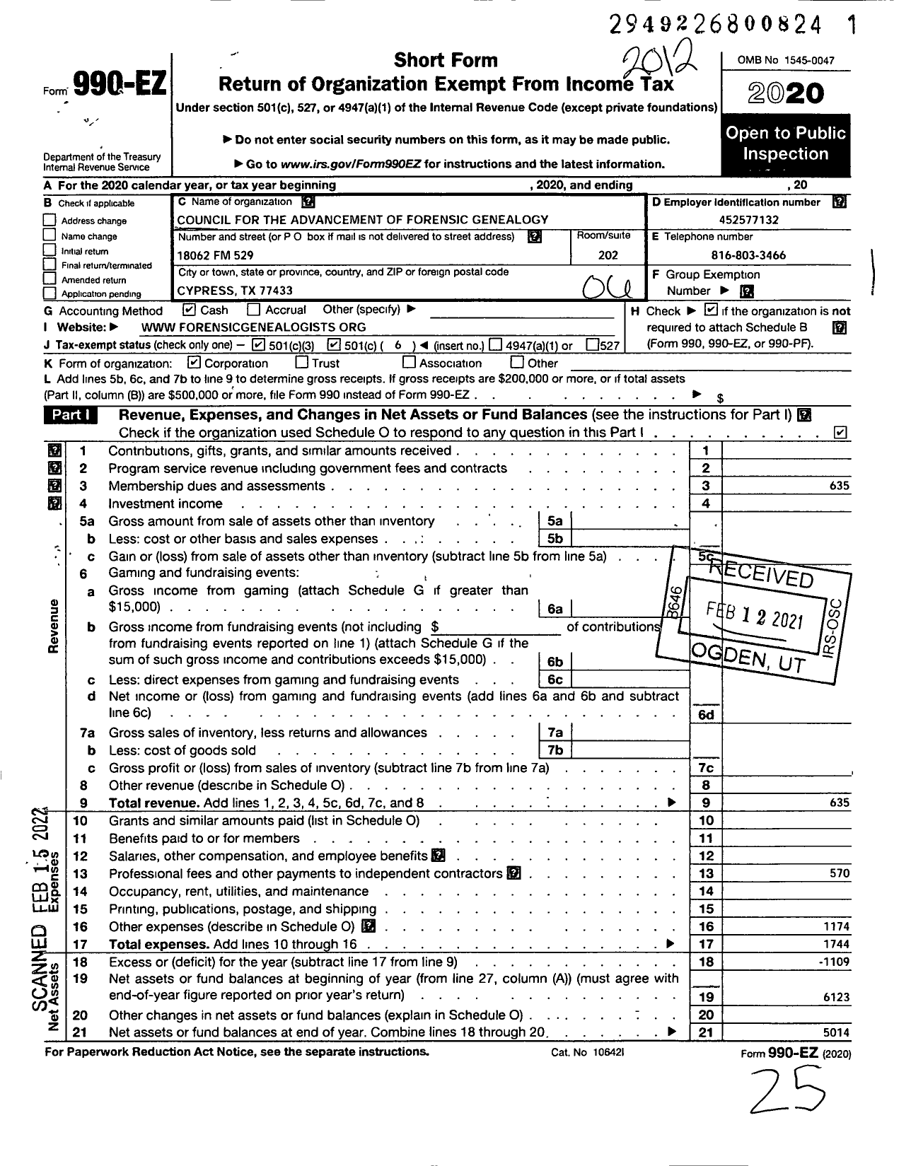 Image of first page of 2020 Form 990EO for Council for the Advancement of Forensic Genealogy