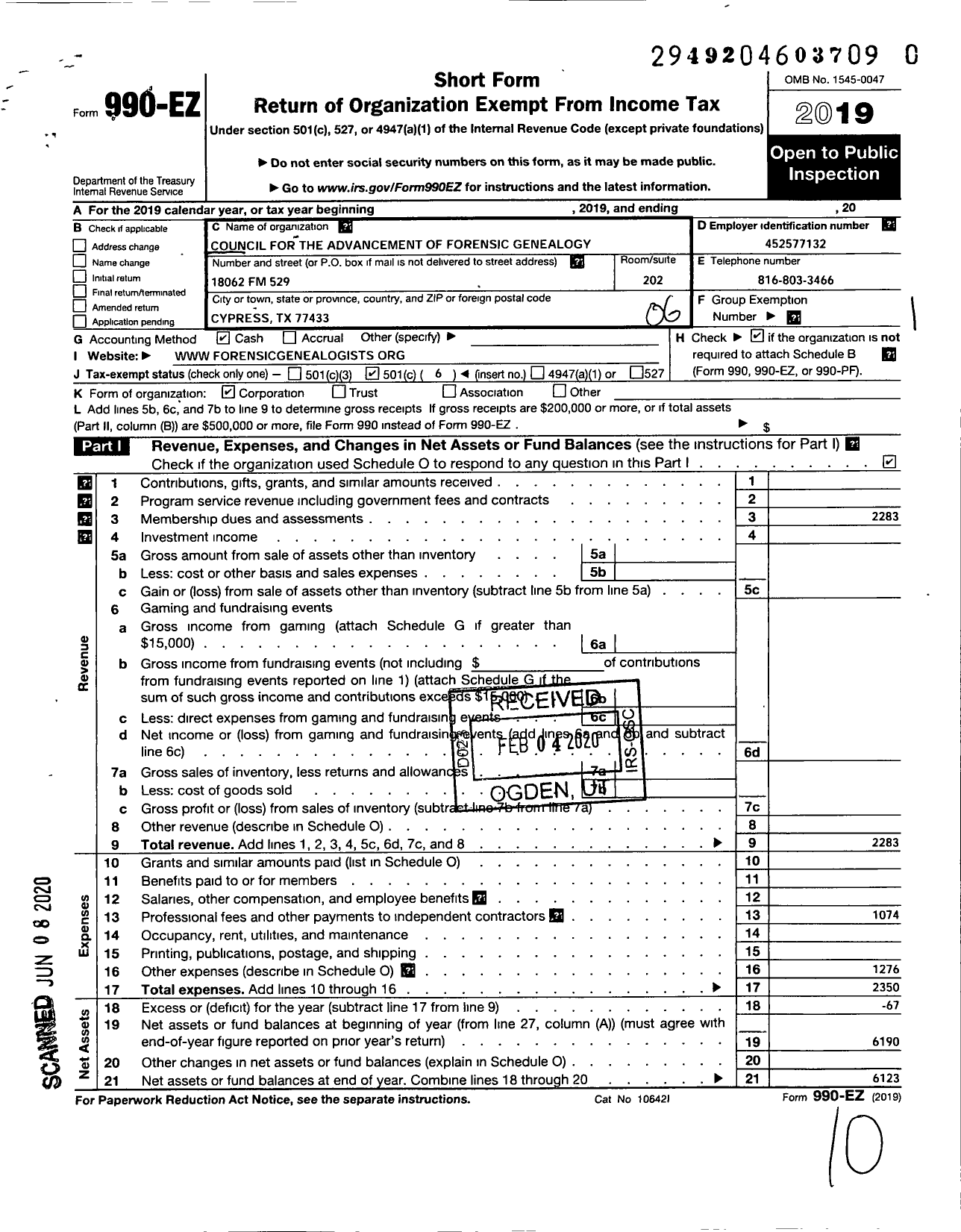 Image of first page of 2019 Form 990EO for Council for the Advancement of Forensic Genealogy