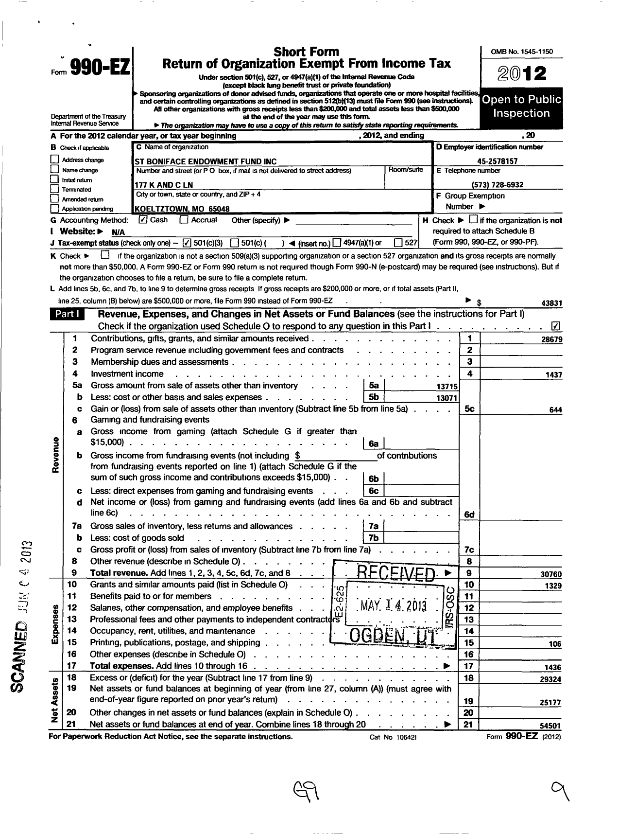 Image of first page of 2012 Form 990EZ for St Boniface Endowment Fund