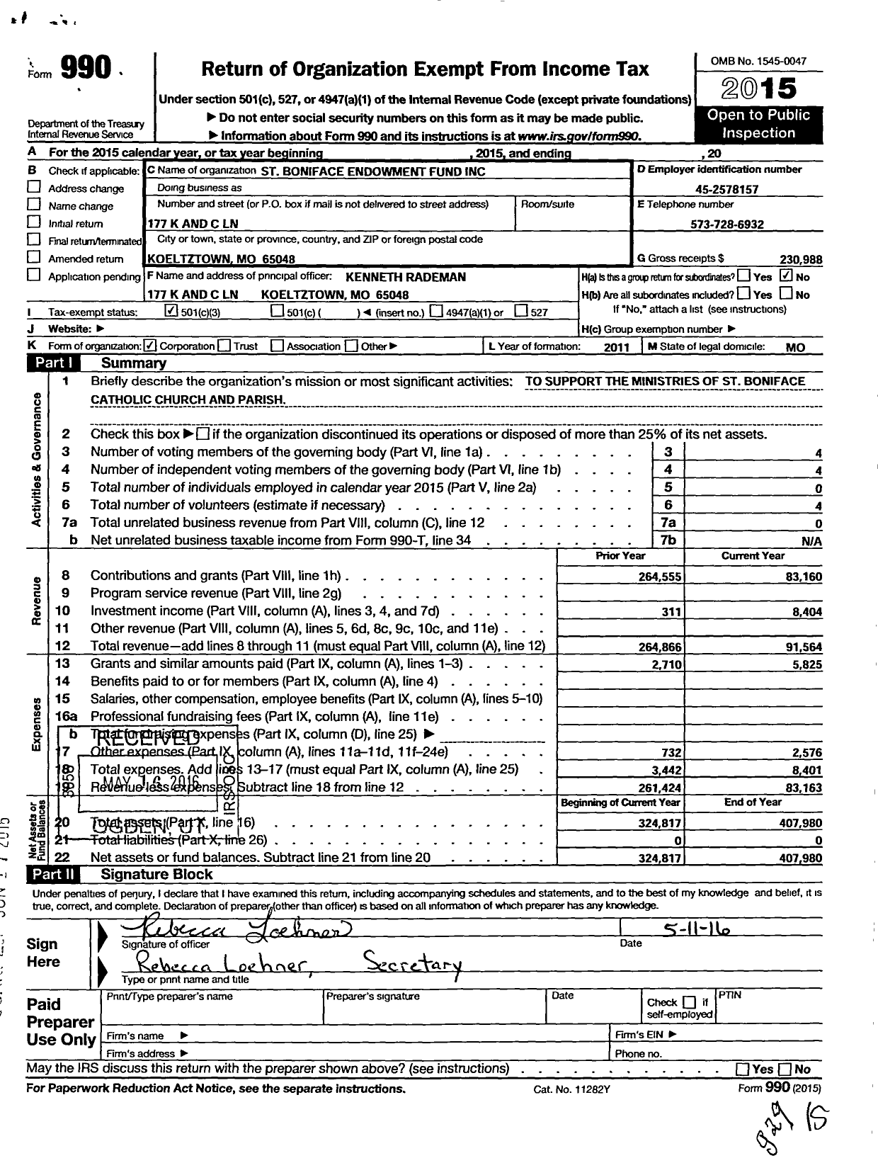 Image of first page of 2015 Form 990 for St Boniface Endowment Fund