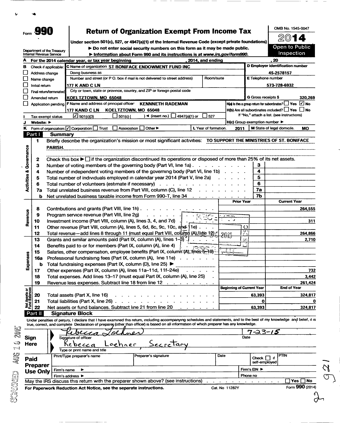 Image of first page of 2014 Form 990 for St Boniface Endowment Fund