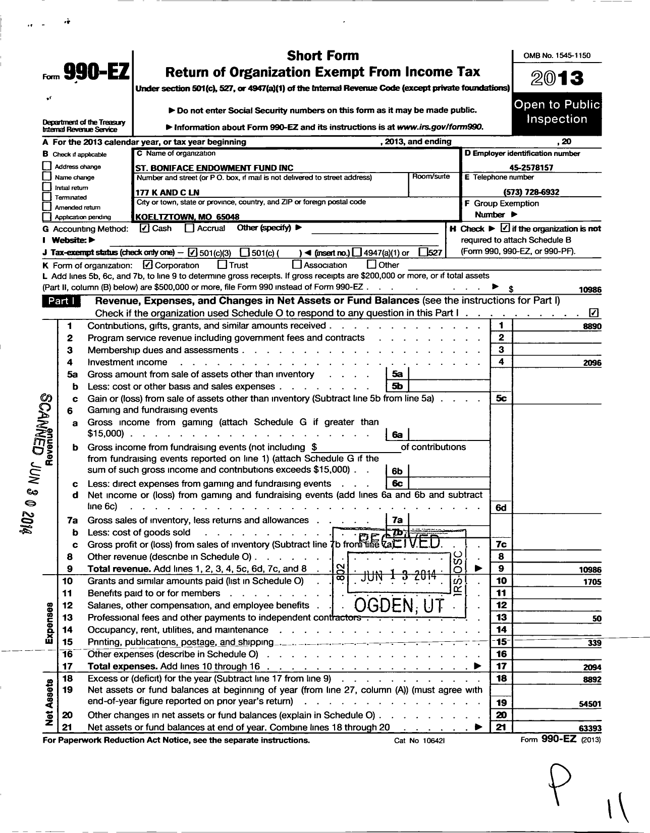 Image of first page of 2013 Form 990EZ for St Boniface Endowment Fund