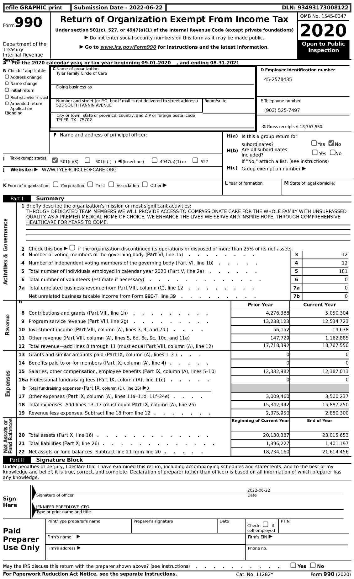 Image of first page of 2020 Form 990 for Family Circle of Care