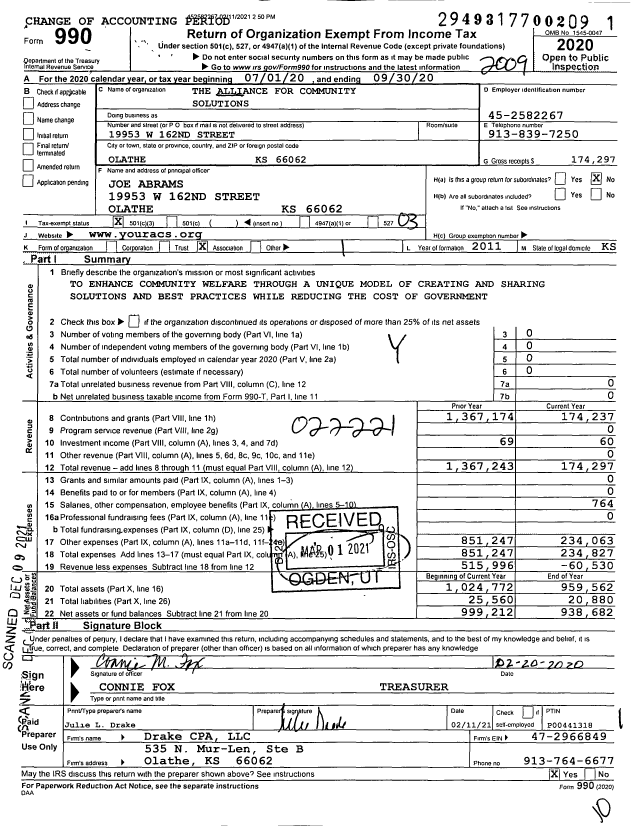Image of first page of 2019 Form 990 for The Alliance for Community Solutions