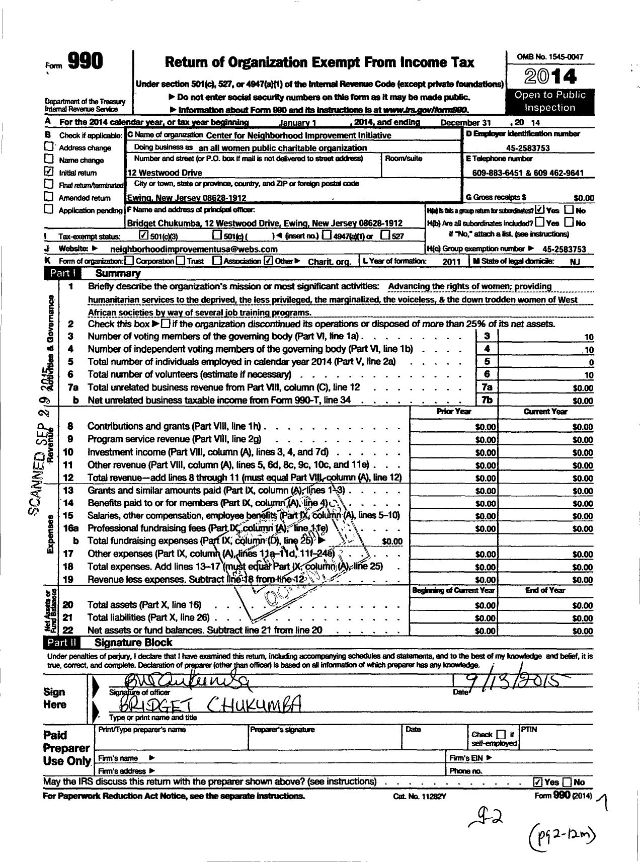 Image of first page of 2014 Form 990 for Center for Neighborhood Improvement Initiative