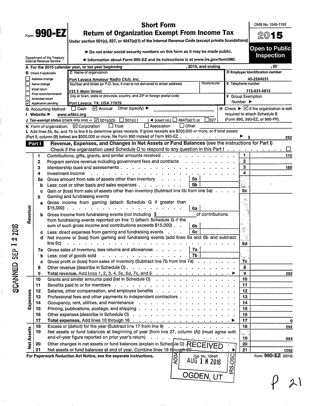 Image of first page of 2015 Form 990EZ for Port Lavaca Amateur Radio Club