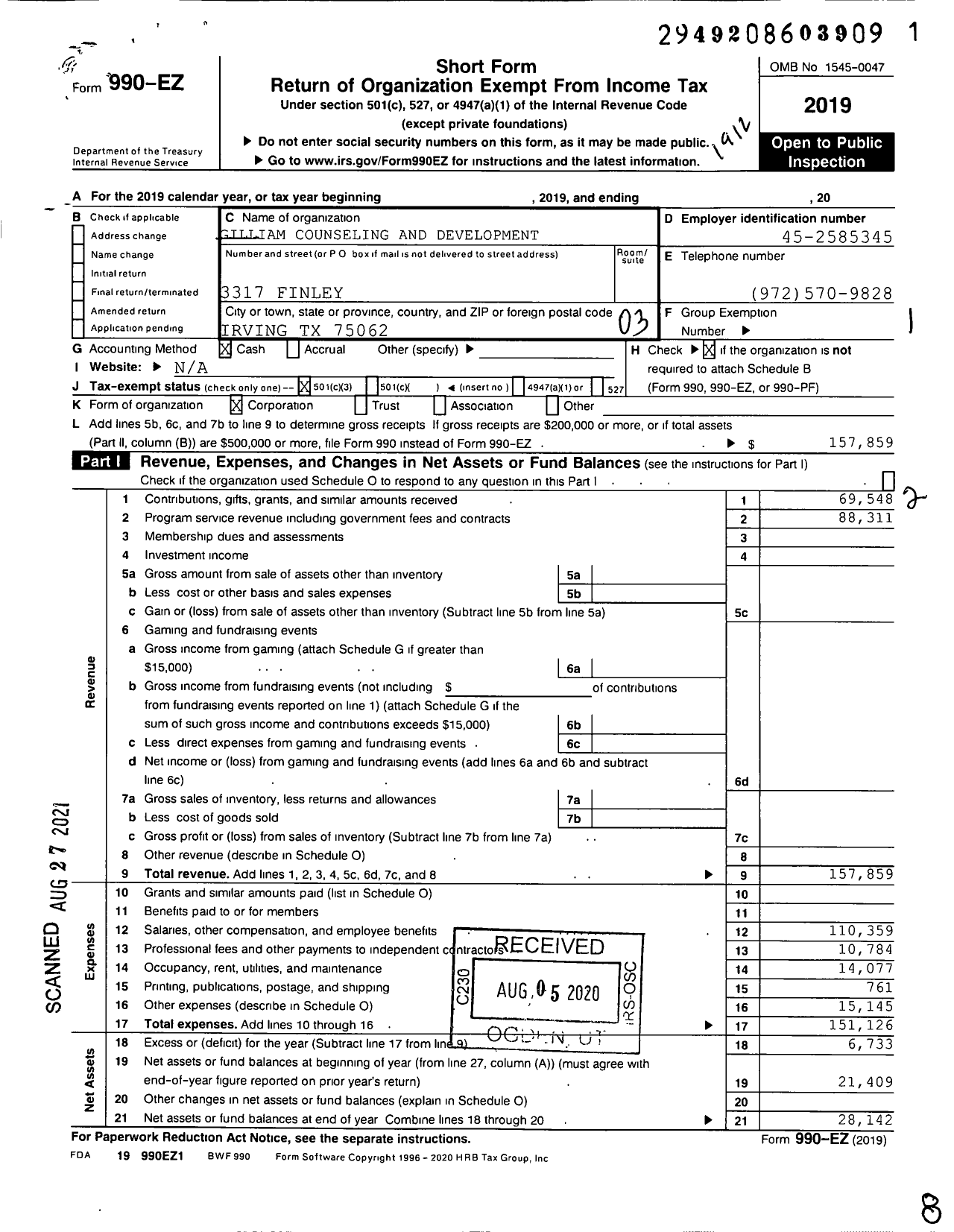 Image of first page of 2019 Form 990EZ for Gilliam Counseling and Development