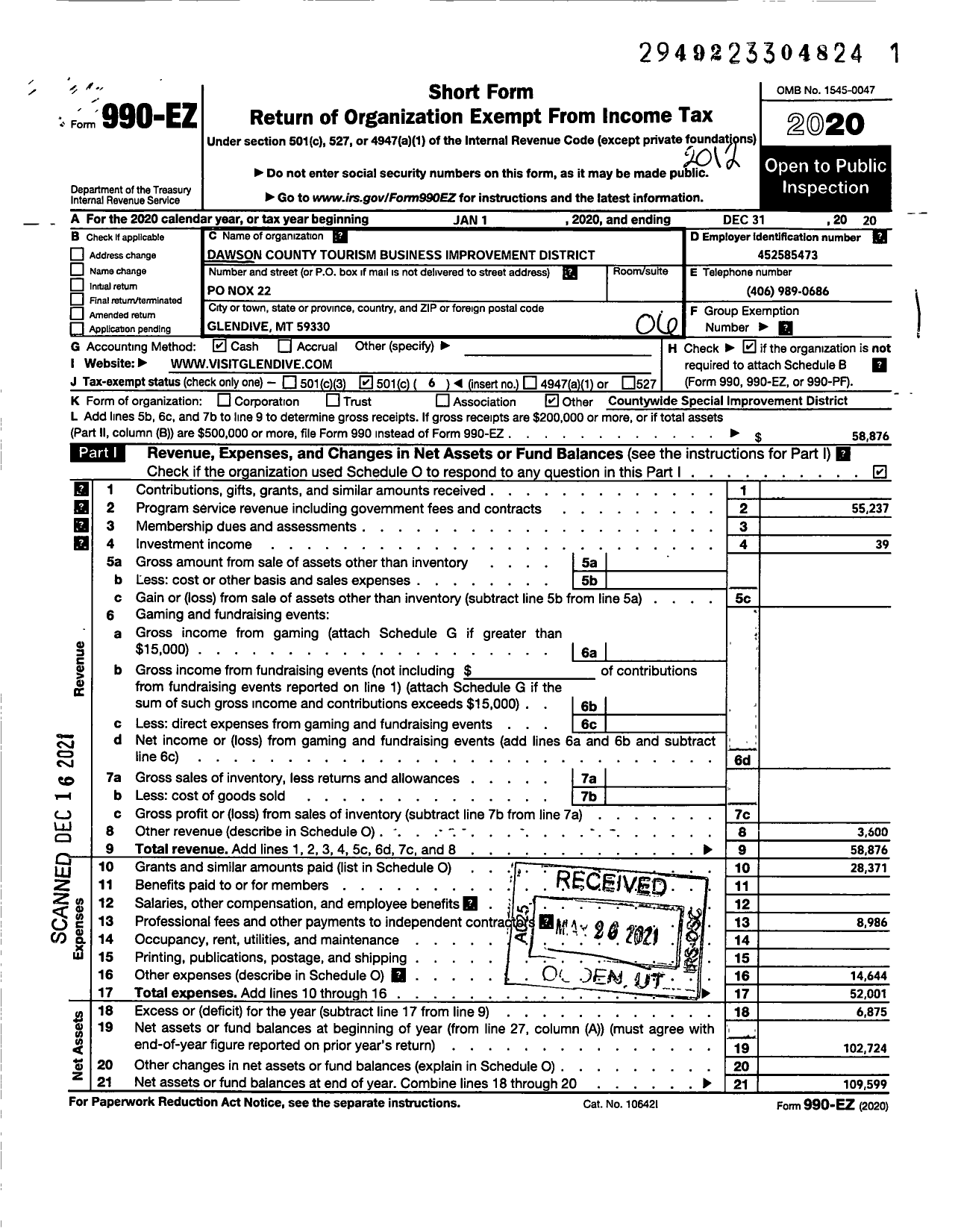 Image of first page of 2020 Form 990EO for Dawson County Tourism Improvement District