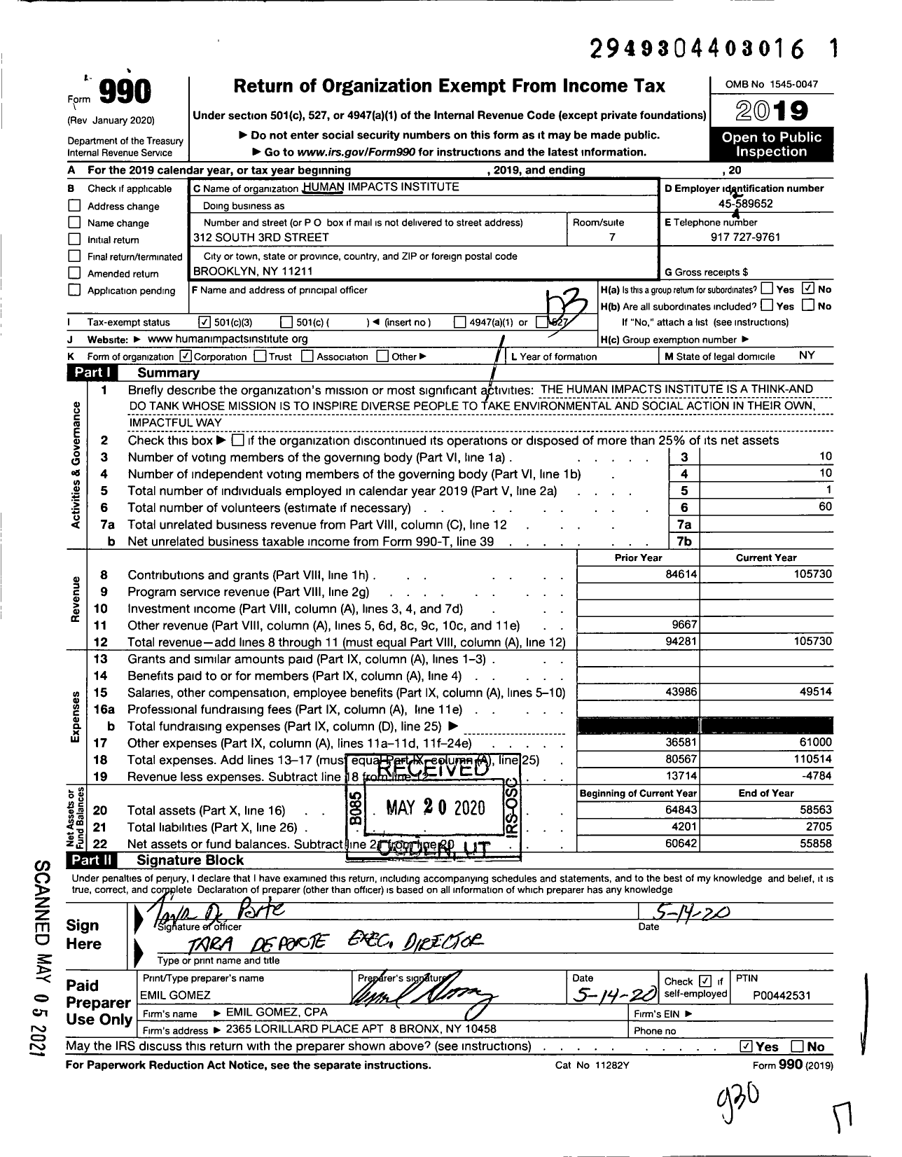 Image of first page of 2019 Form 990 for Human Impacts Institute