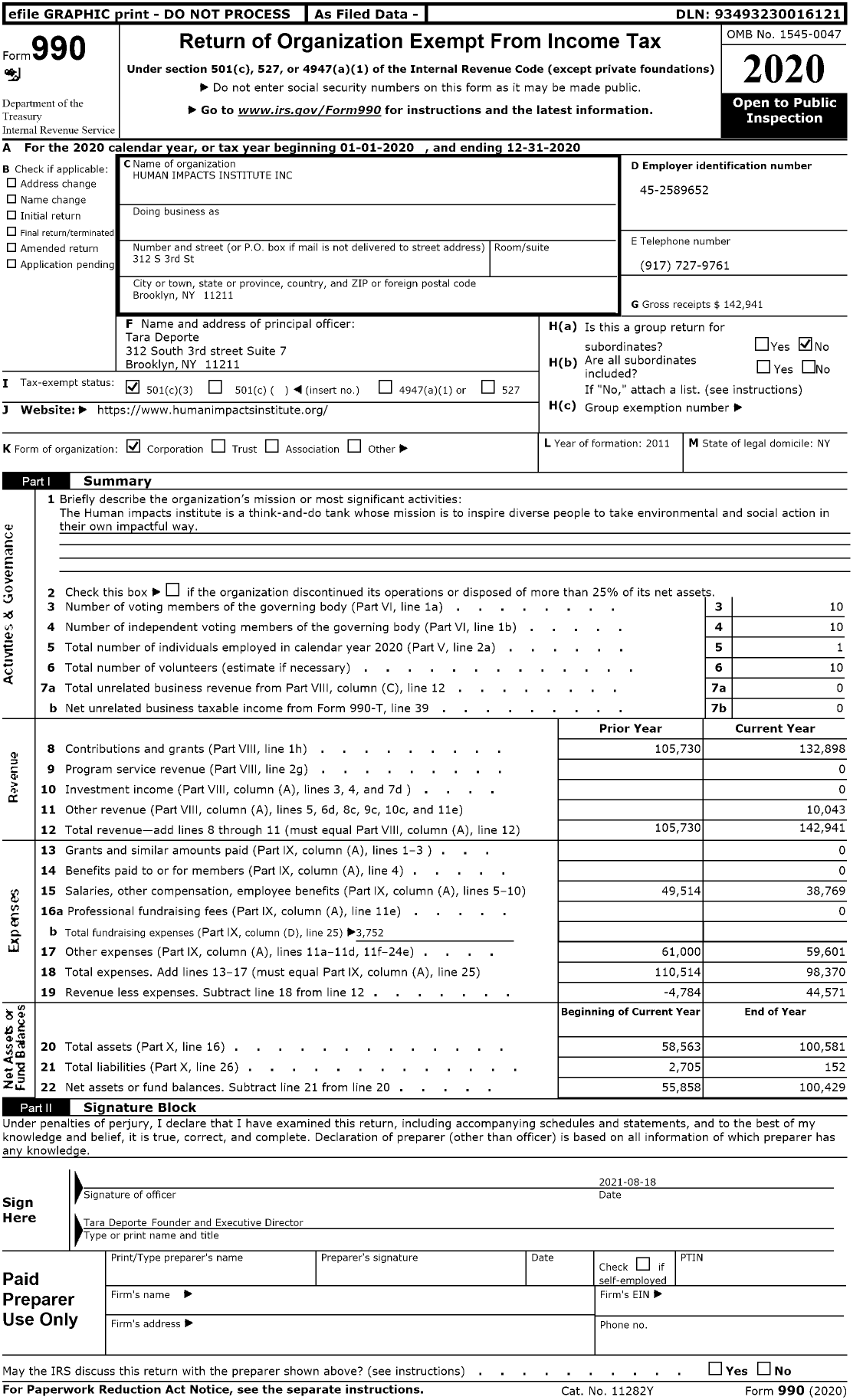 Image of first page of 2020 Form 990 for Human Impacts Institute