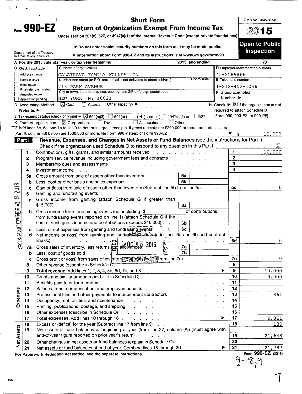 Image of first page of 2015 Form 990EZ for Calatrava Family Foundation