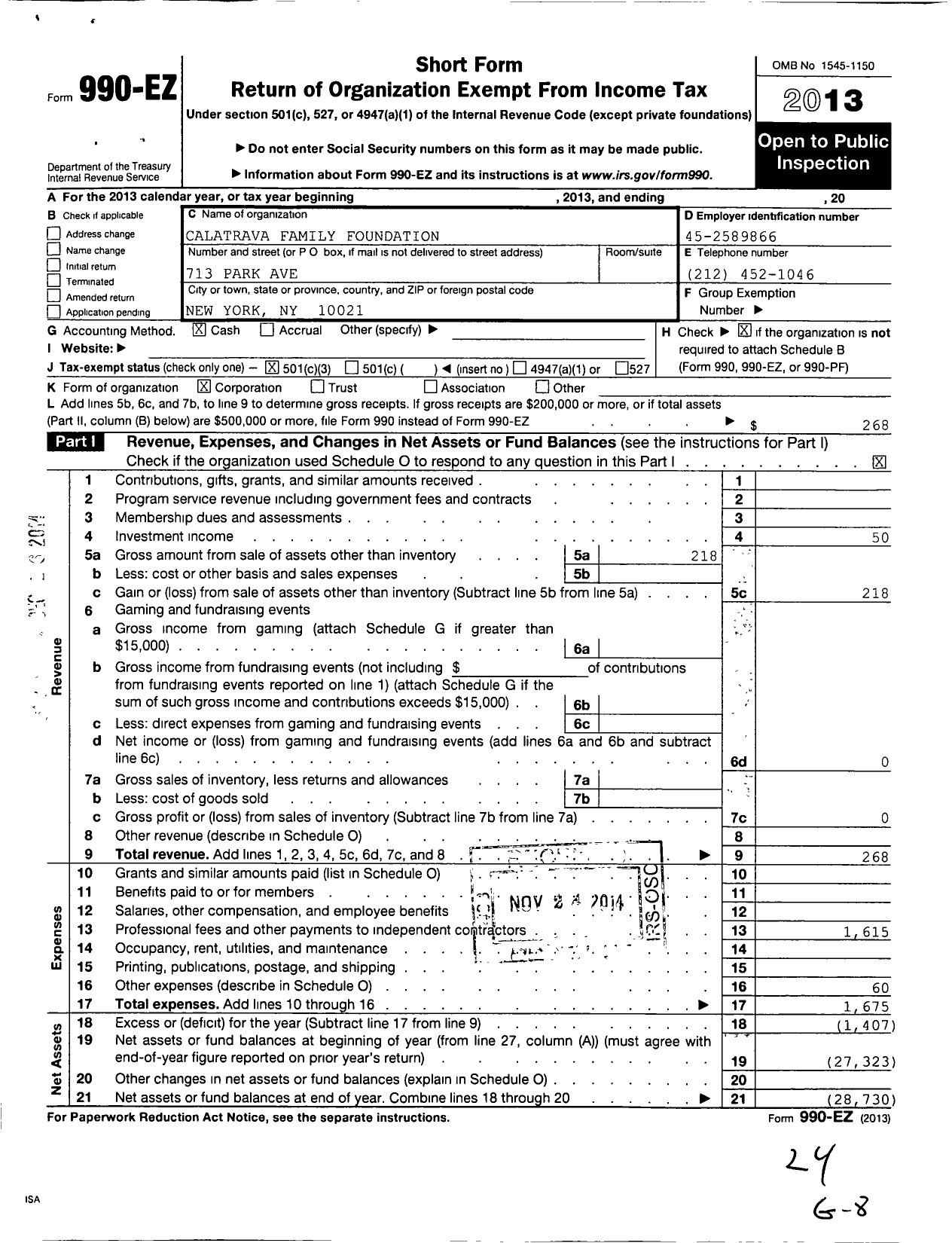 Image of first page of 2013 Form 990EZ for Calatrava Family Foundation