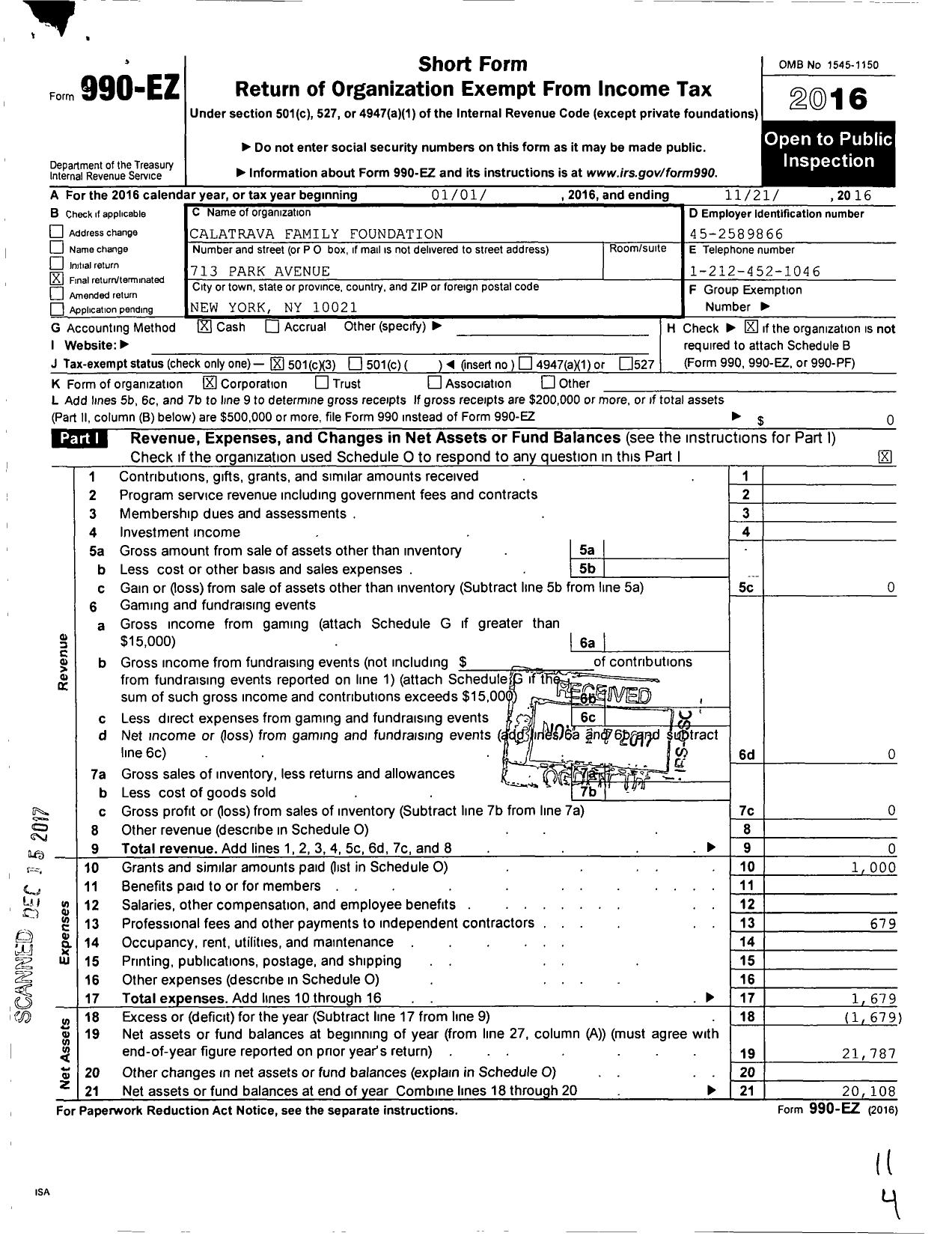 Image of first page of 2015 Form 990EZ for Calatrava Family Foundation