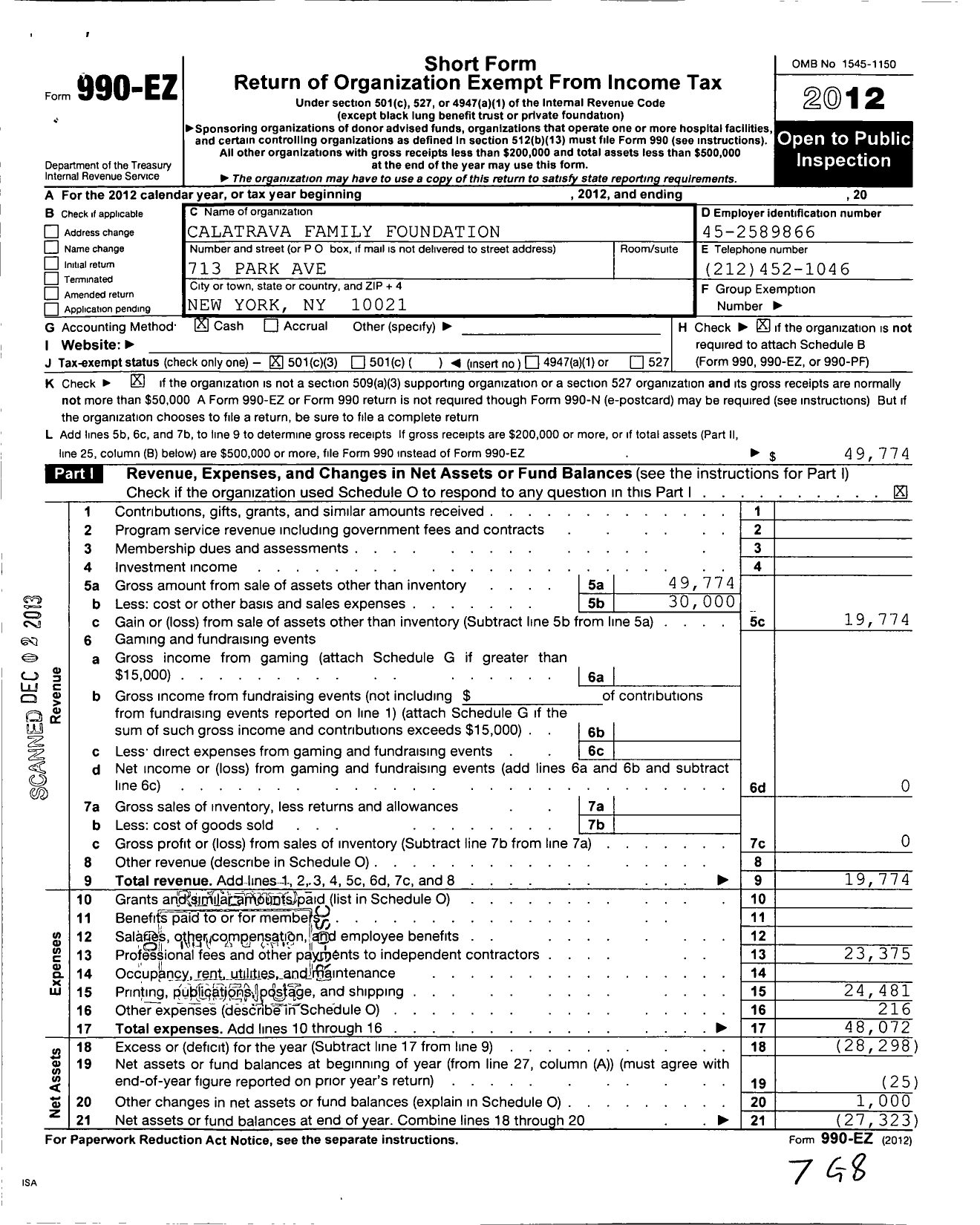 Image of first page of 2012 Form 990EZ for Calatrava Family Foundation