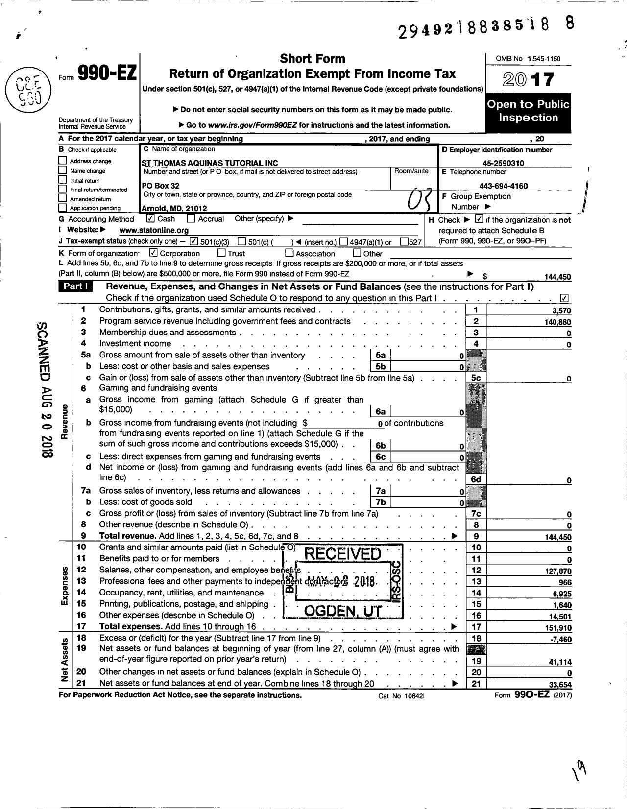 Image of first page of 2017 Form 990EZ for St Thomas Aquinas Tutorial