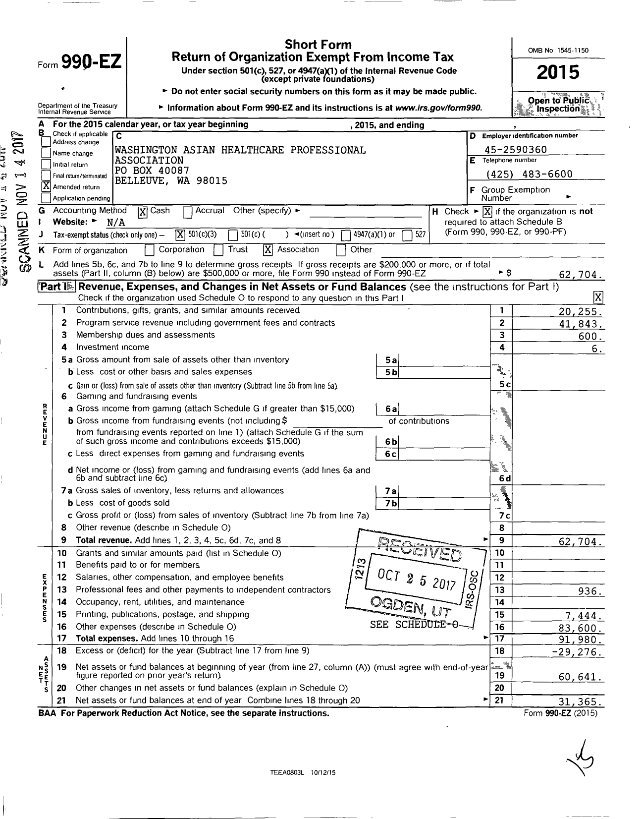 Image of first page of 2015 Form 990EZ for Washington Asian Healthcare Professional Association (WAHPA)