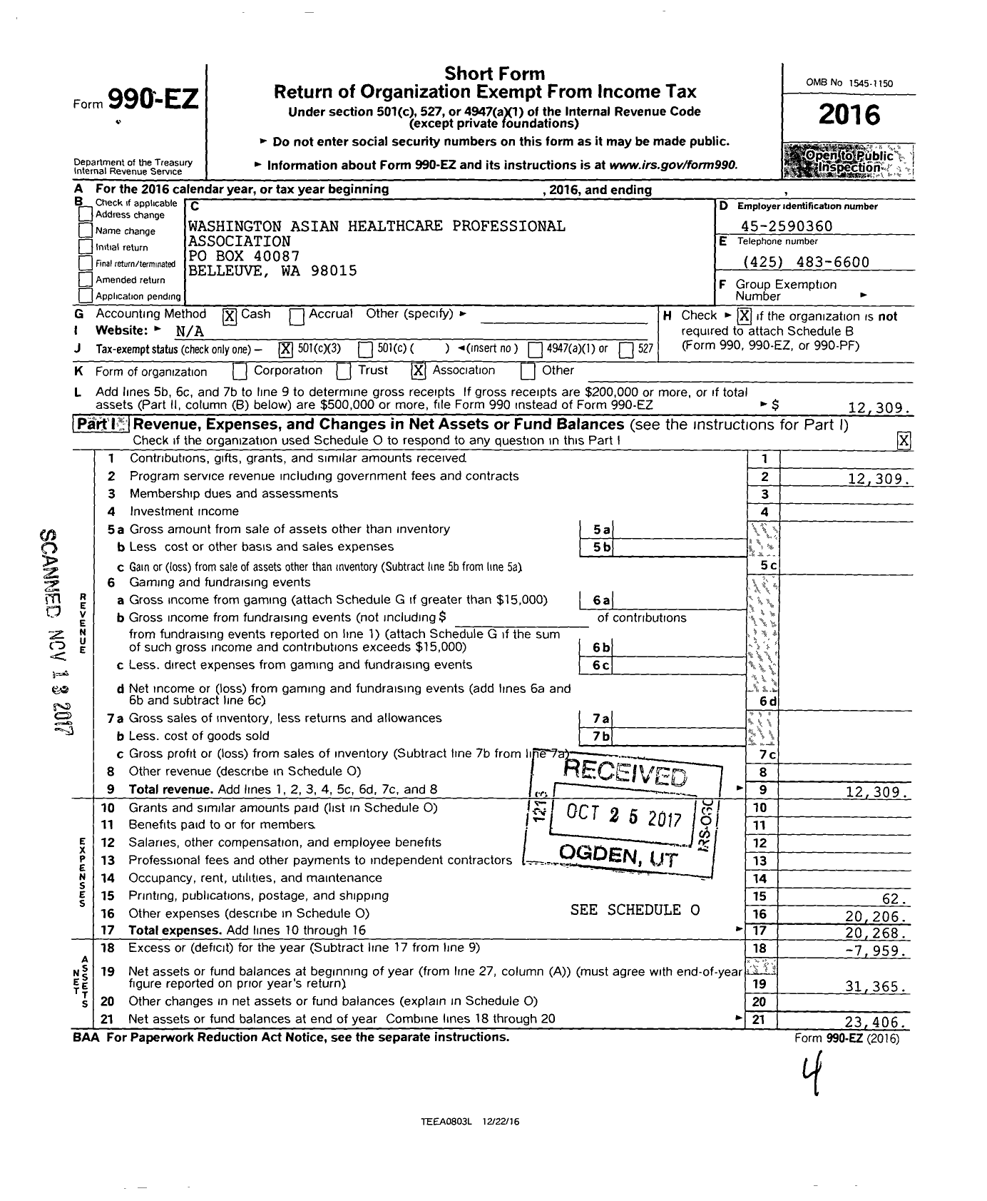 Image of first page of 2016 Form 990EZ for Washington Asian Healthcare Professional Association (WAHPA)