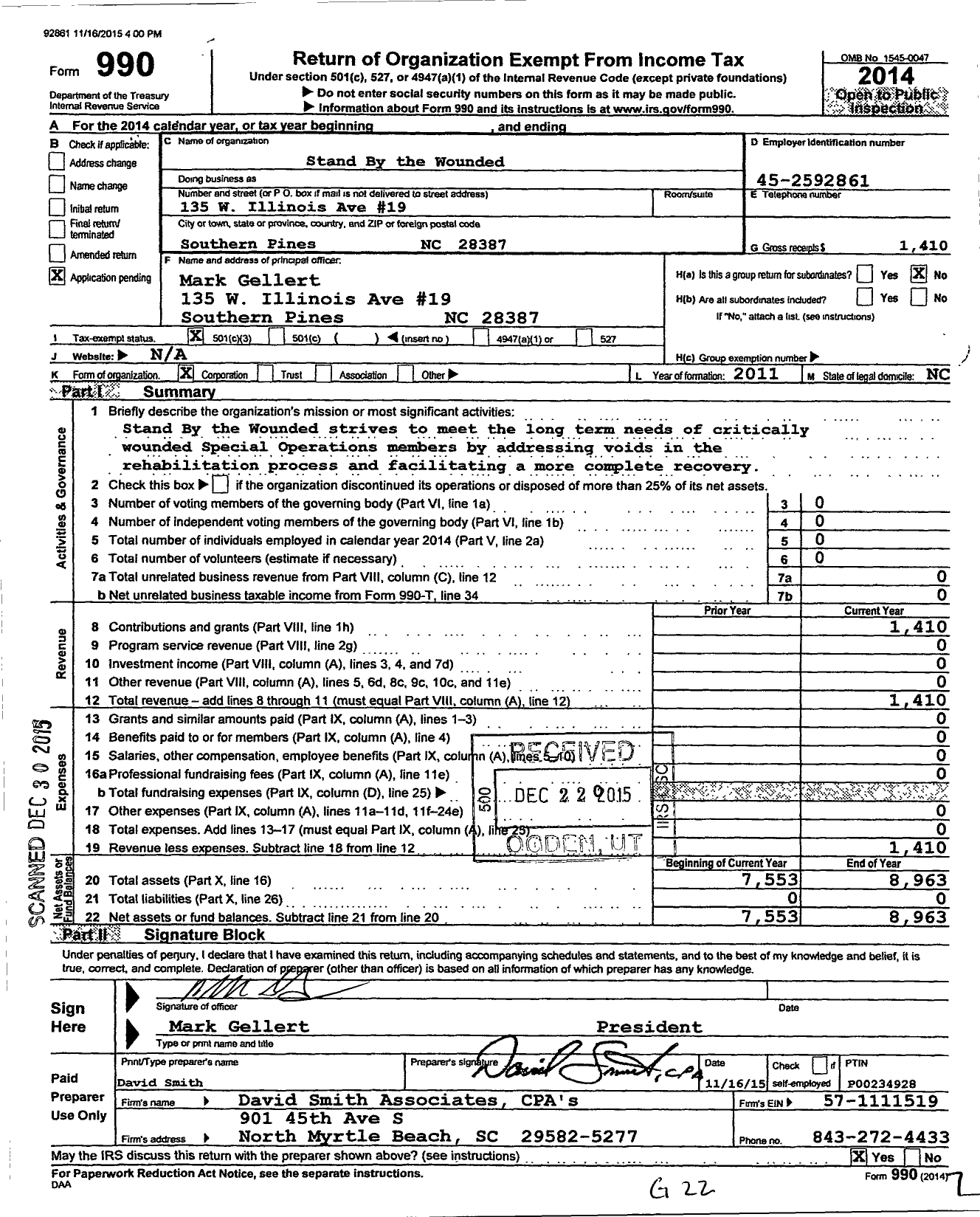 Image of first page of 2014 Form 990 for Stand By the Wounded