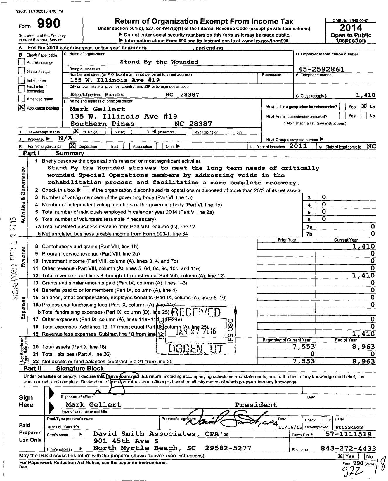 Image of first page of 2014 Form 990 for Stand By the Wounded